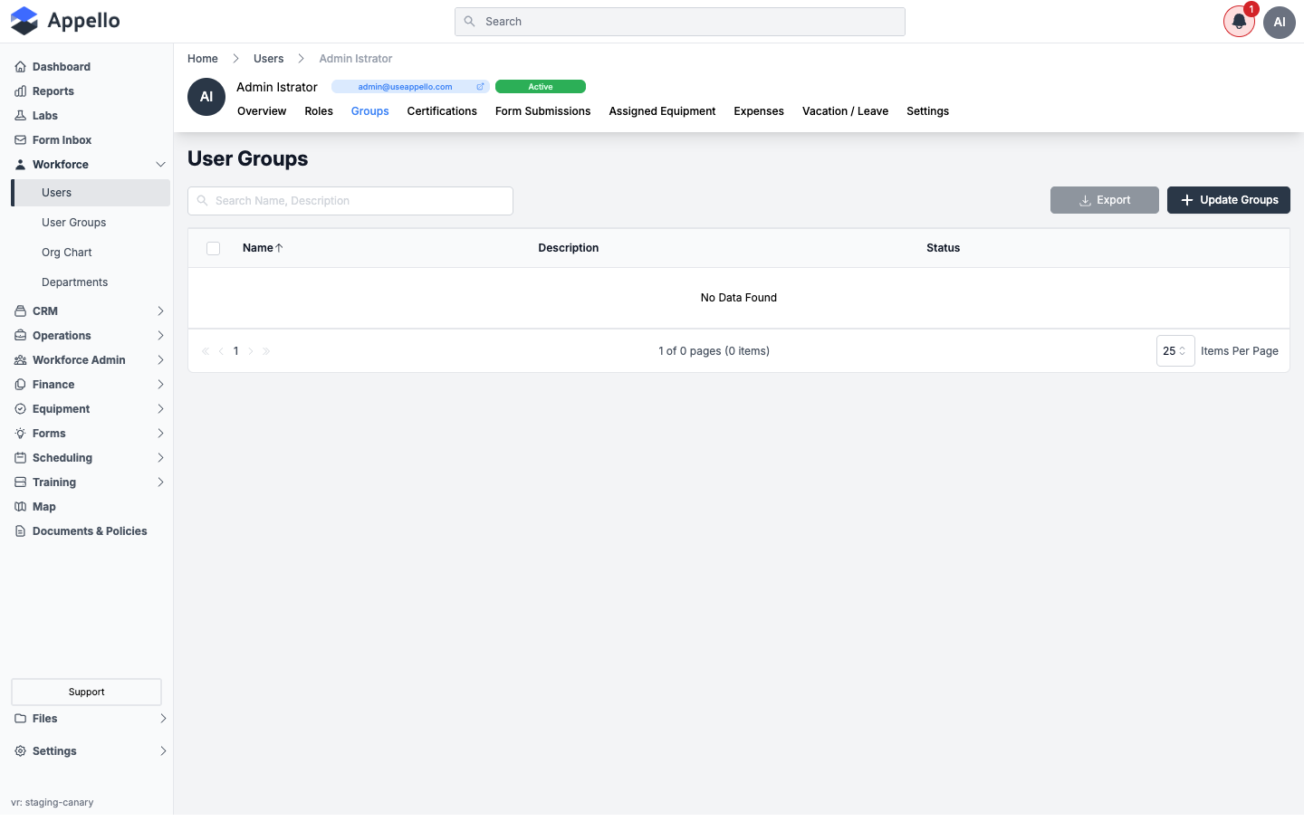 Groups tab shown empty on the demo instance