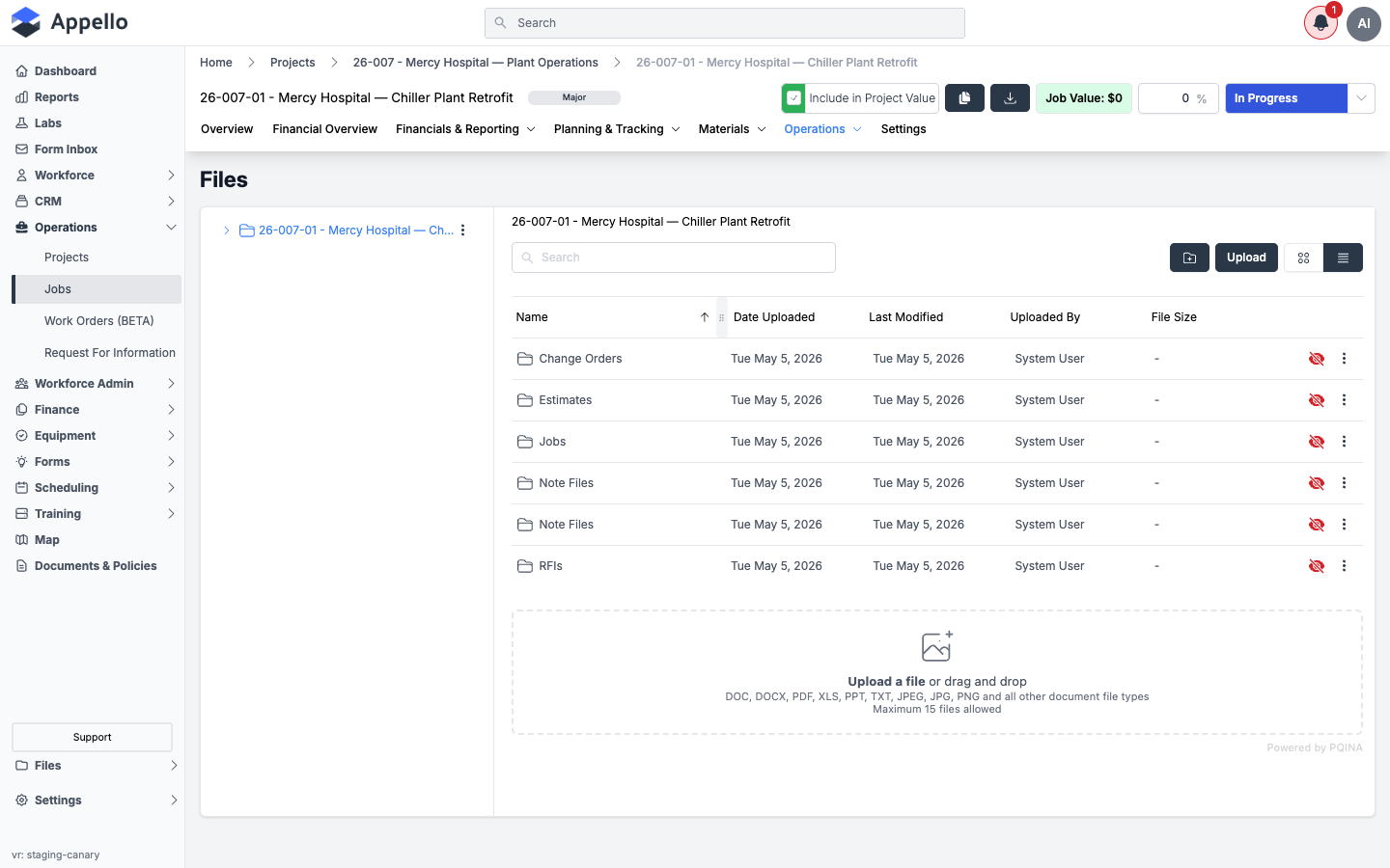 The job's Files tab showing folders for Change Orders, Estimates, Note Files, and RFIs