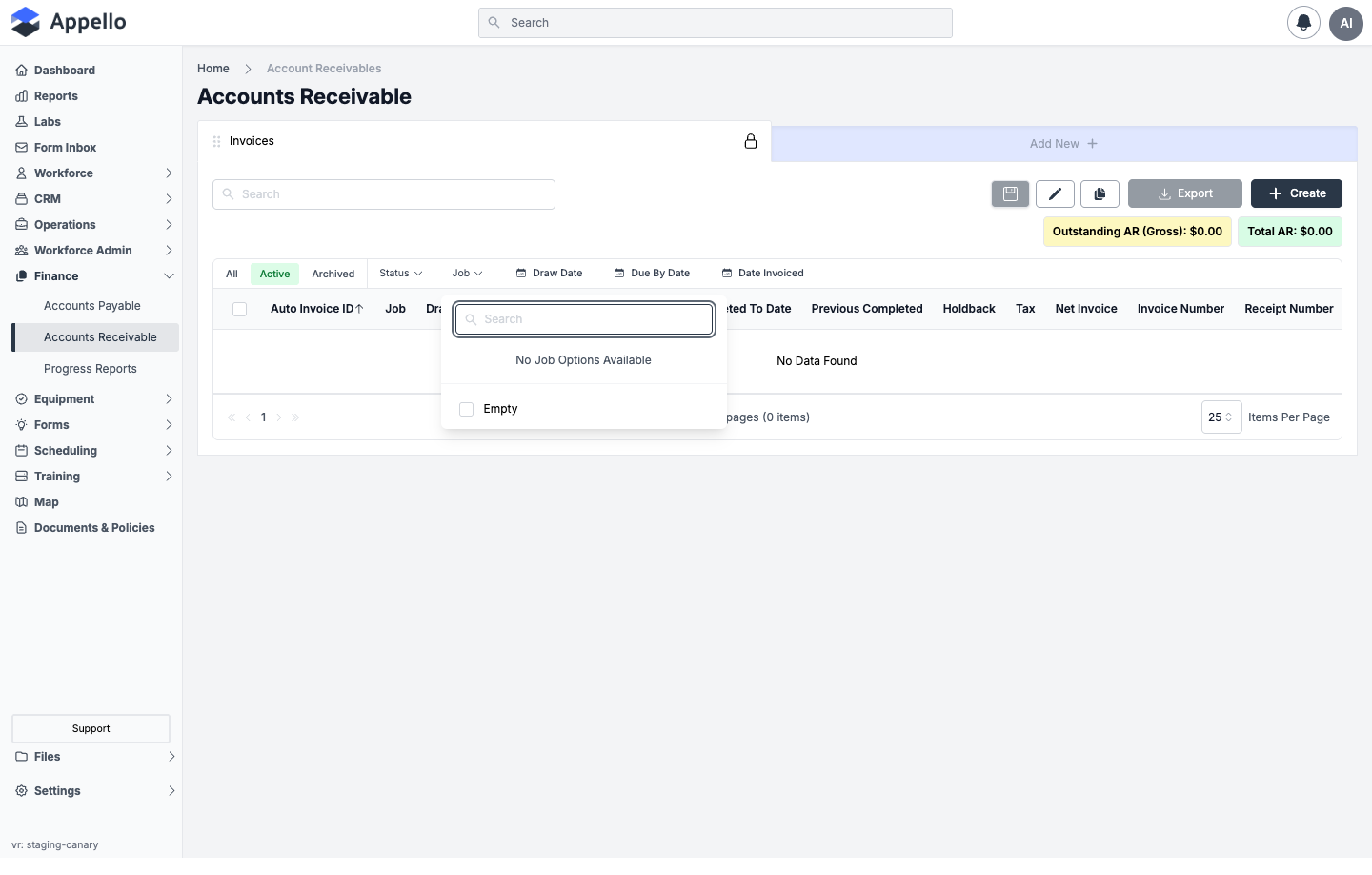 Job filter open on the Accounts Receivable list, shown empty on the demo instance's Active tab