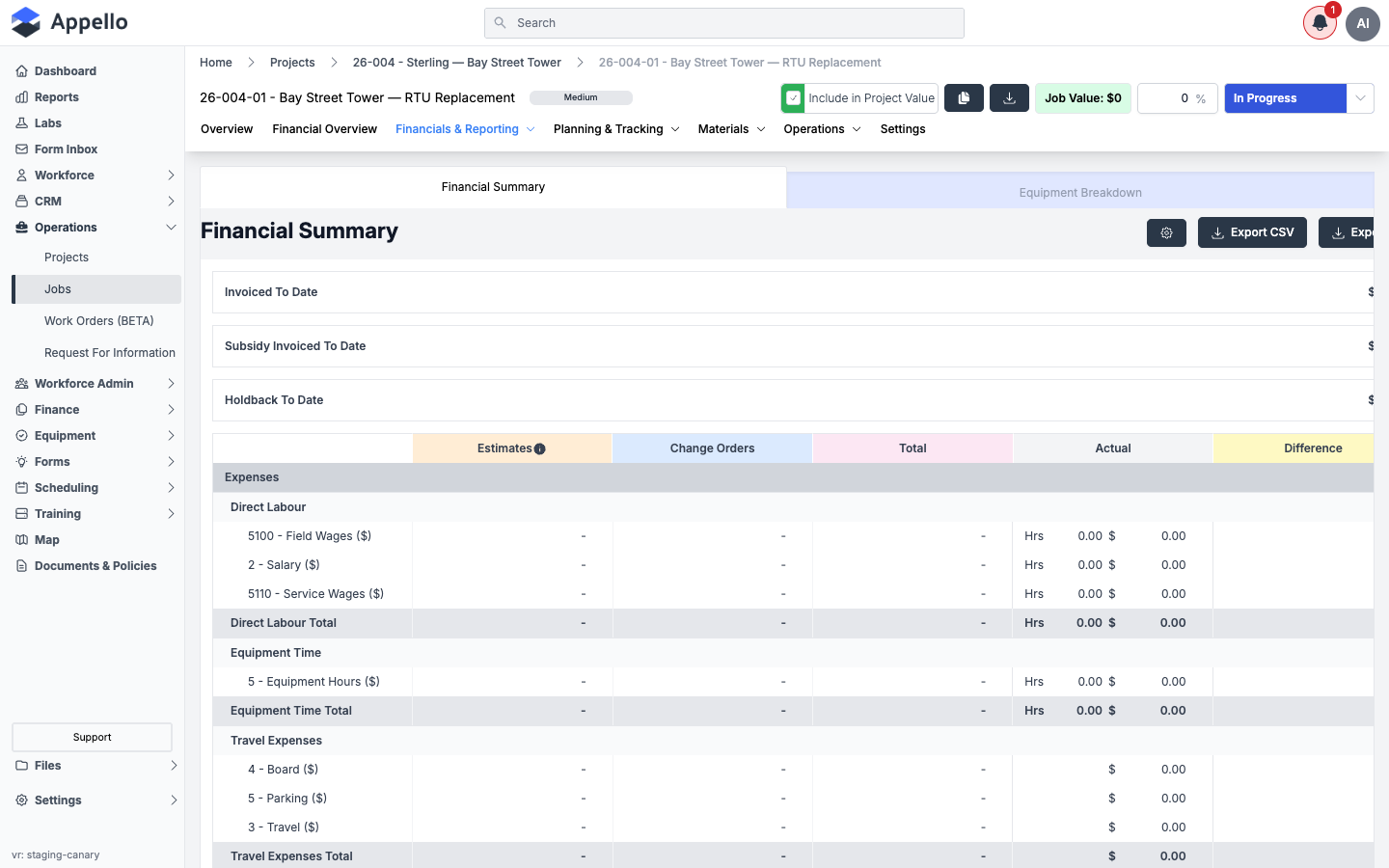 Job Financial Summary — cost breakdown by account item (Direct Labour, Equipment Time, Travel Expenses) with Estimates / Change Orders / Total / Actual / Difference columns