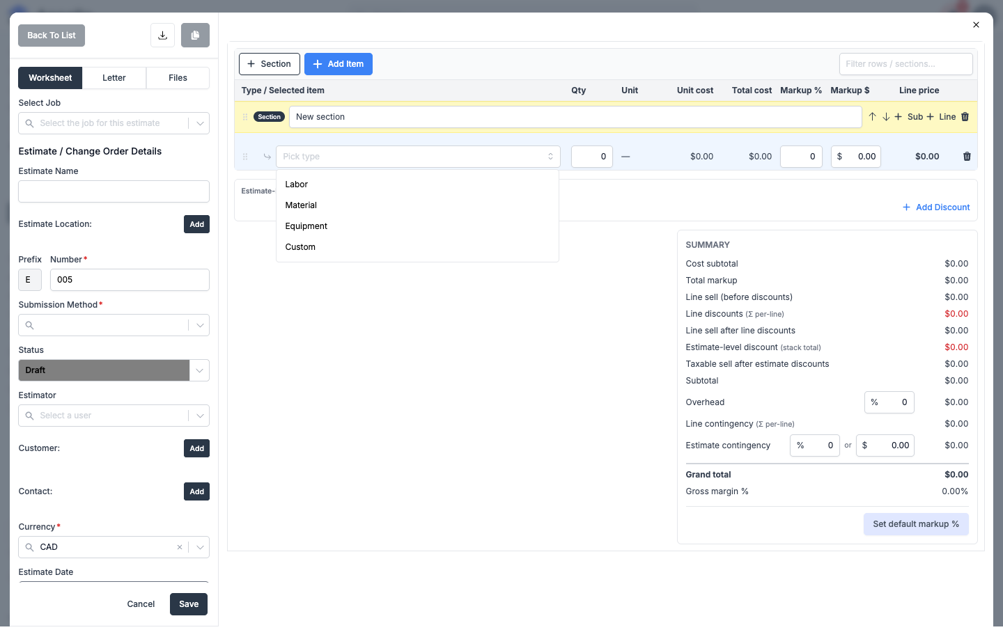 Line item type picker showing Labor, Material, Equipment, and Custom