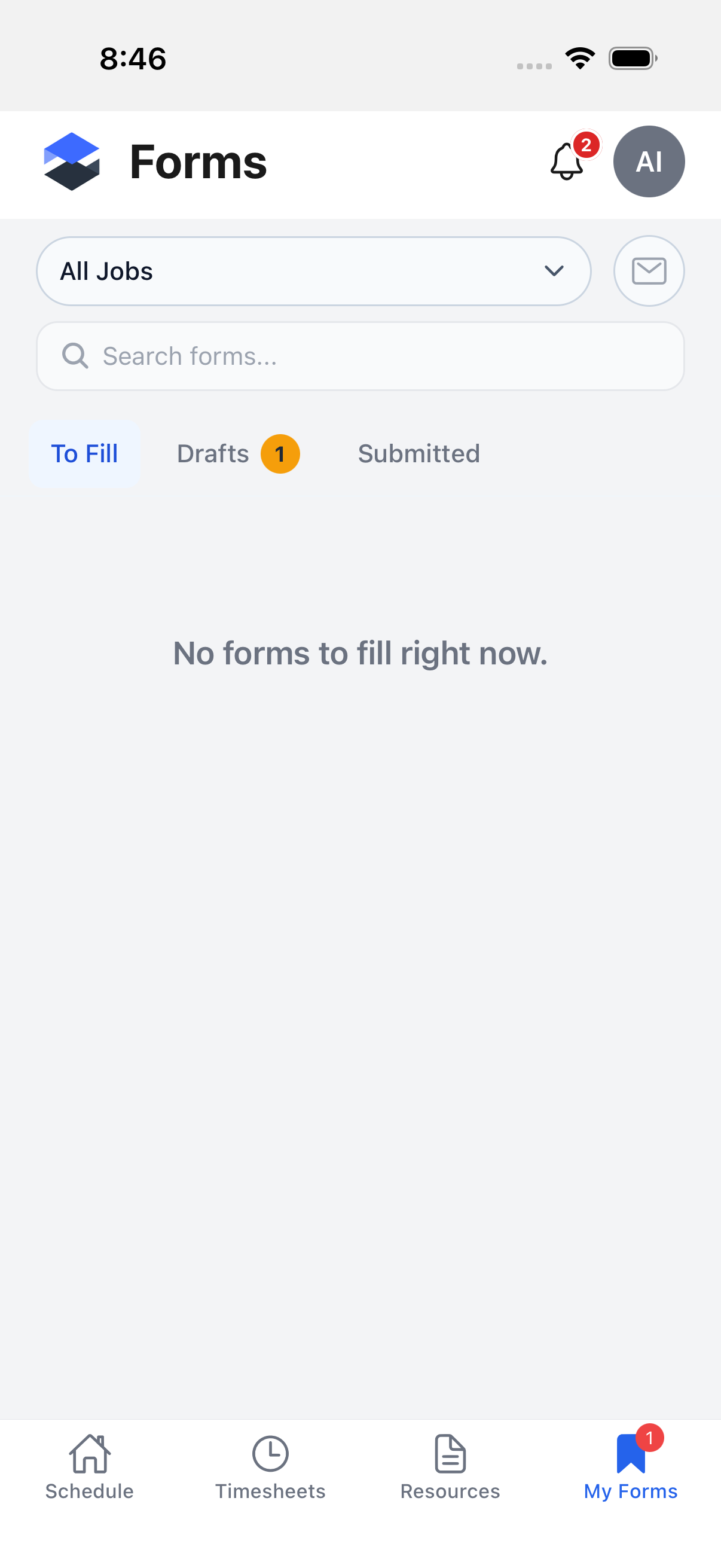 My Forms tab showing the All Jobs filter, search field, and To Fill / Drafts / Submitted sub-tabs