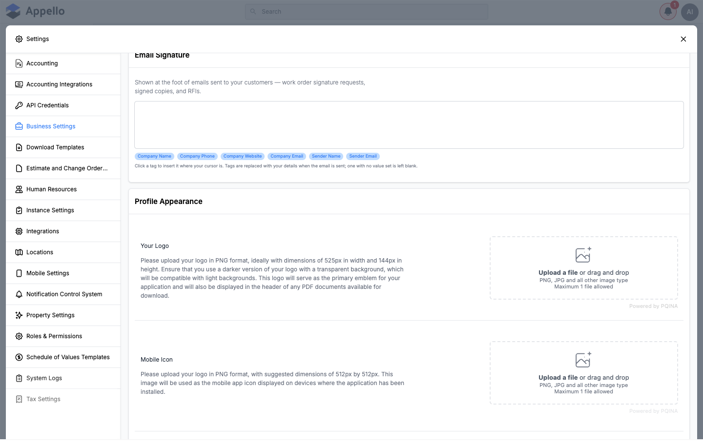 Profile Appearance section — Your Logo and Mobile Icon upload cards