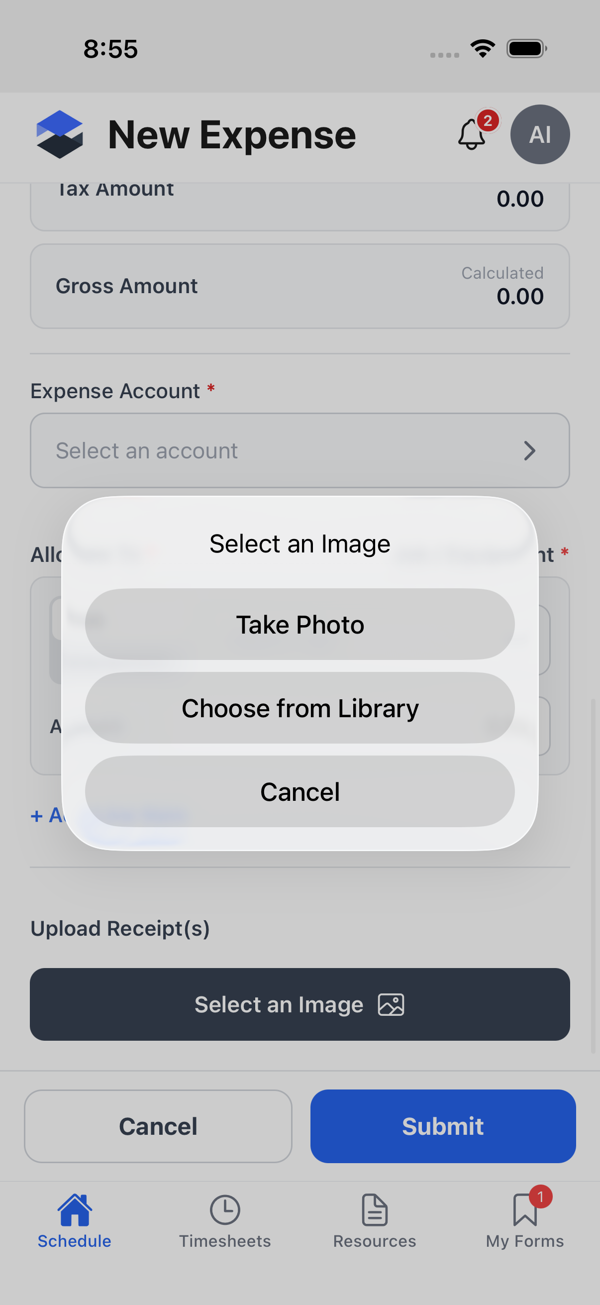 Native action sheet with Take Photo, Choose from Library, and Cancel options for a receipt