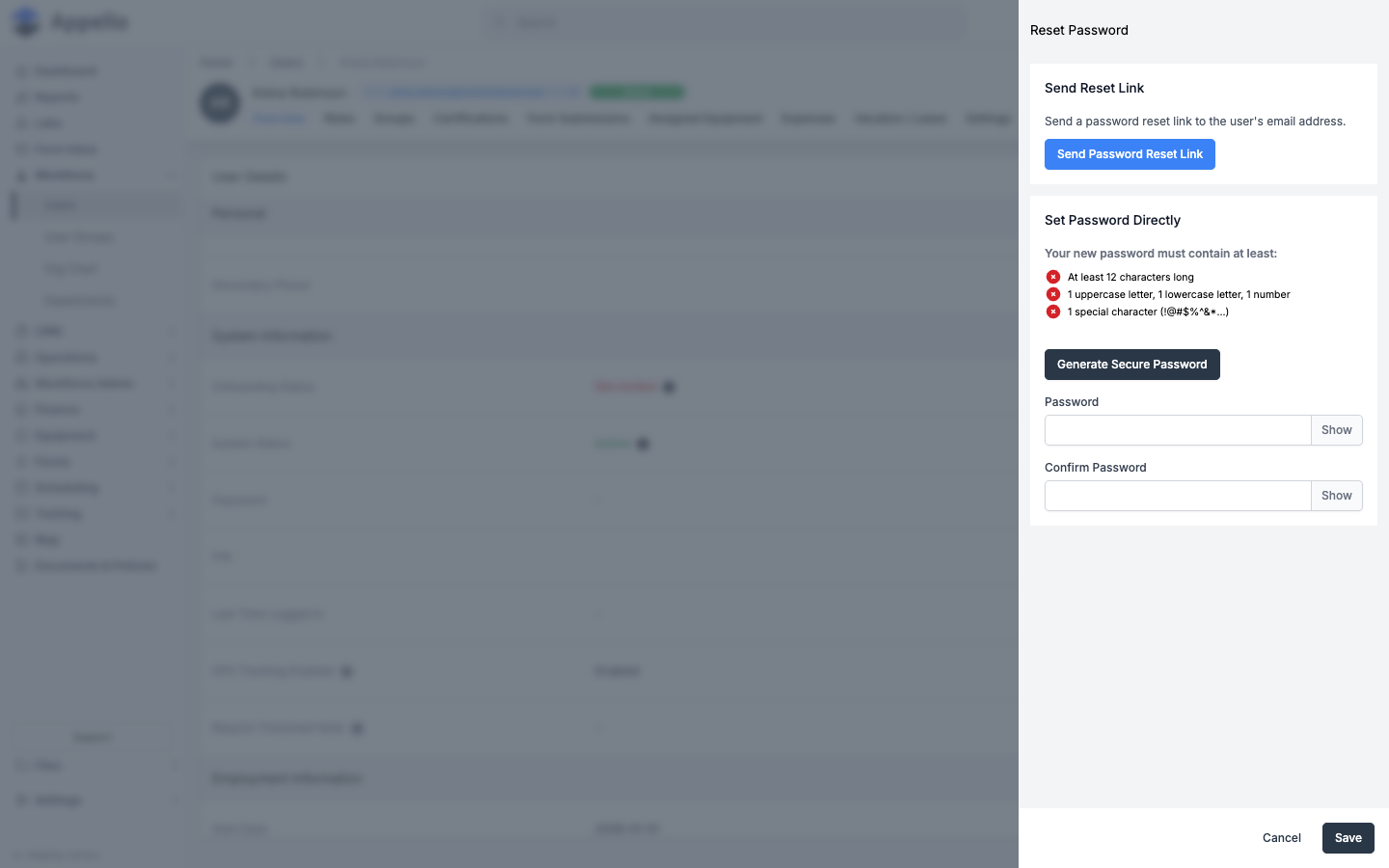 Reset Password panel with a reset-link option and a set-password-directly option