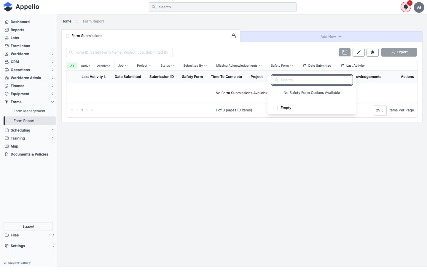 The Safety Form filter dropdown open, showing a search box and an empty checkbox list