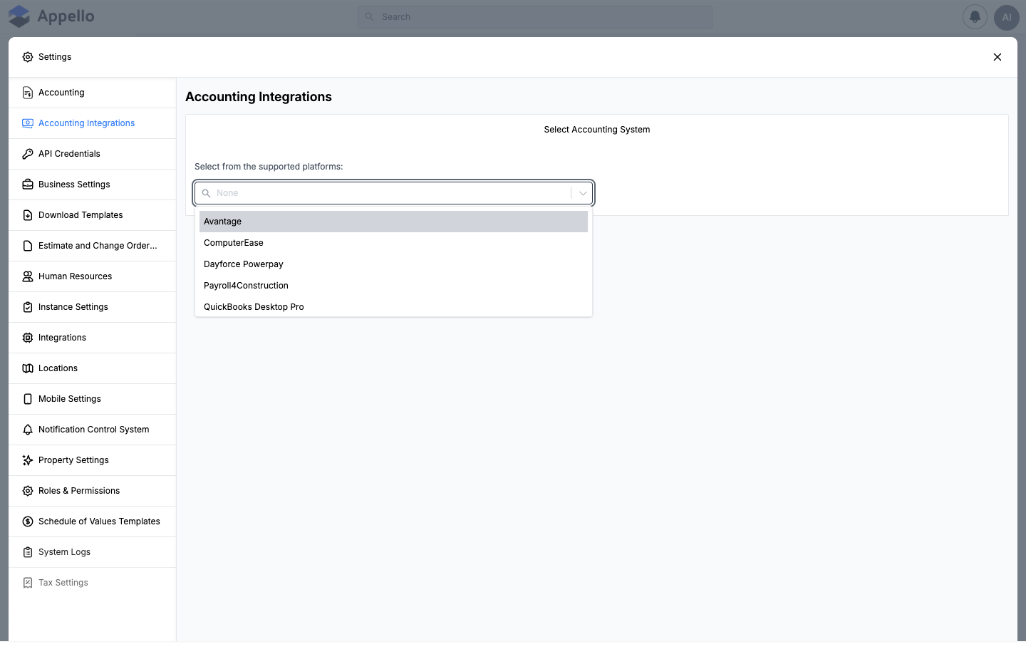 Select Accounting System — the dropdown open, showing the 8 platforms selectable on this instance today, shown disconnected on the demo instance