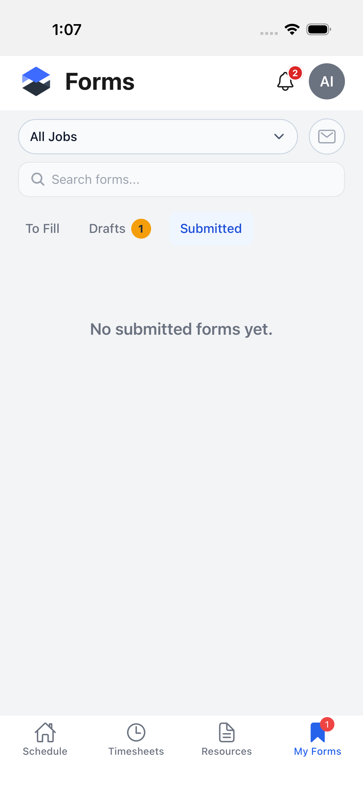 The My Forms Submitted sub-tab, shown empty on the demo instance