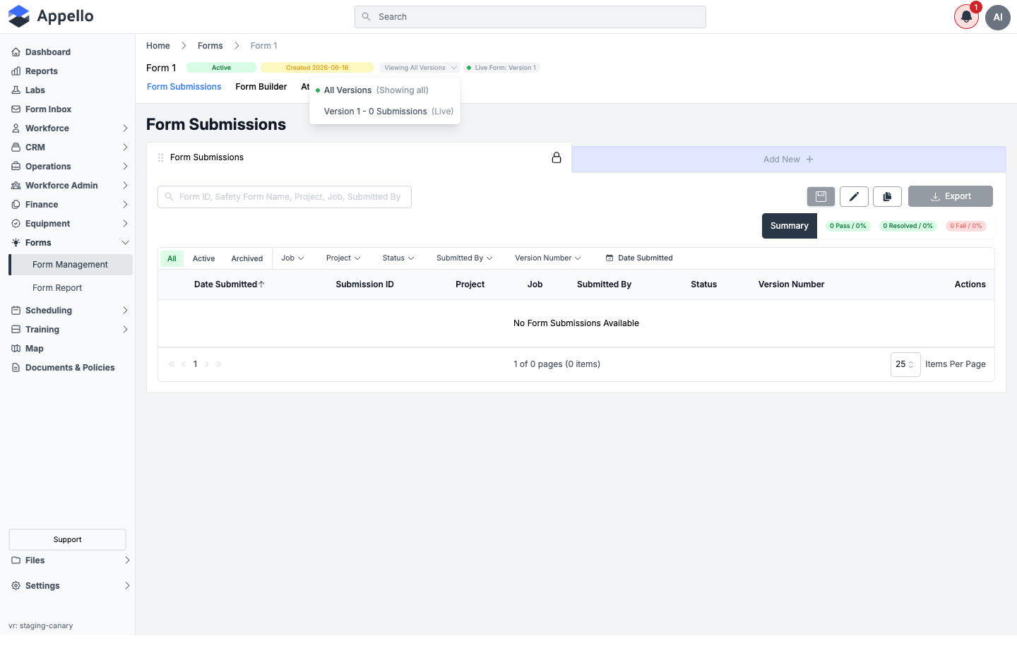 Viewing All Versions dropdown open, listing All Versions and Version 1 - 0 Submissions (Live)