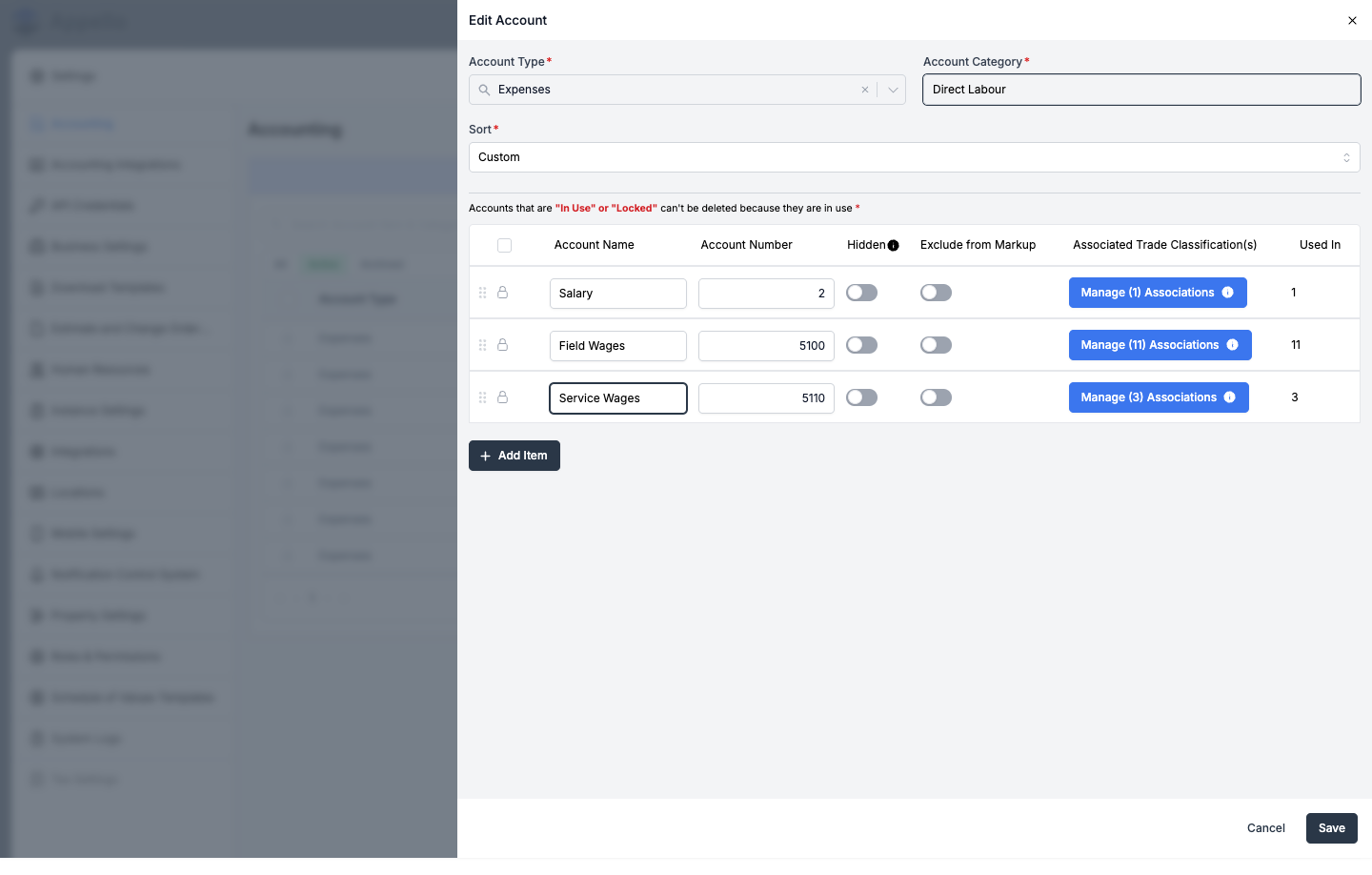 Edit Account panel — Direct Labour accounts with an Associated Trade Classification(s) column and Manage Associations buttons