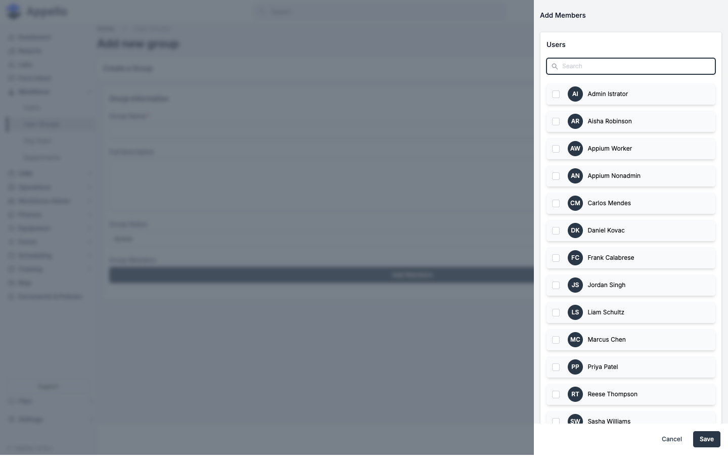 Add Members panel: a searchable checklist of users with checkboxes