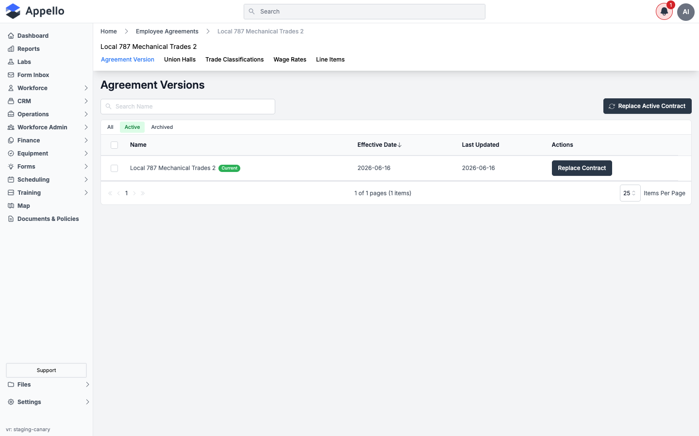 Agreement Versions tab for an employee agreement, showing one current contract