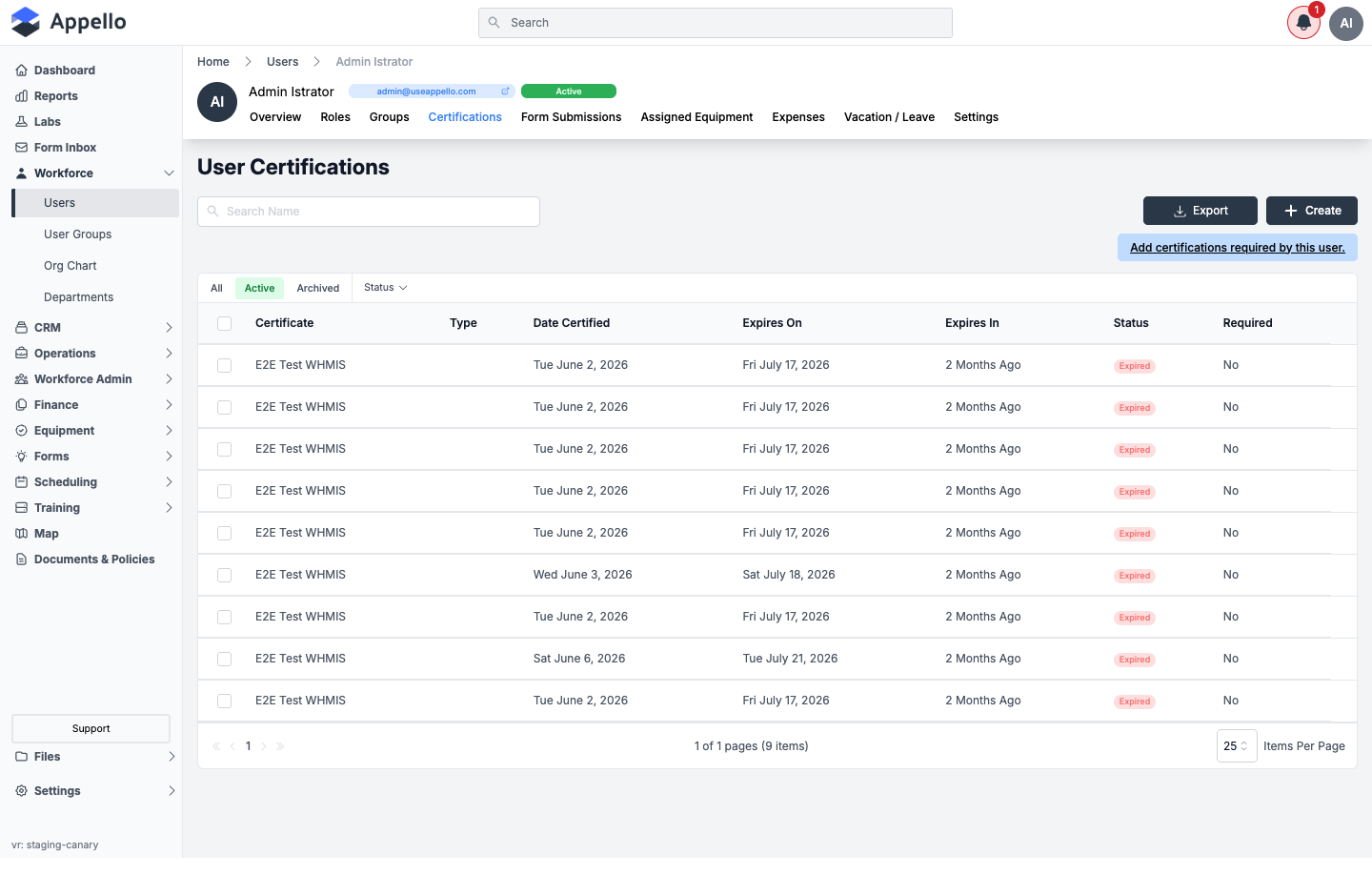 Certifications tab showing certificate records with Expired status