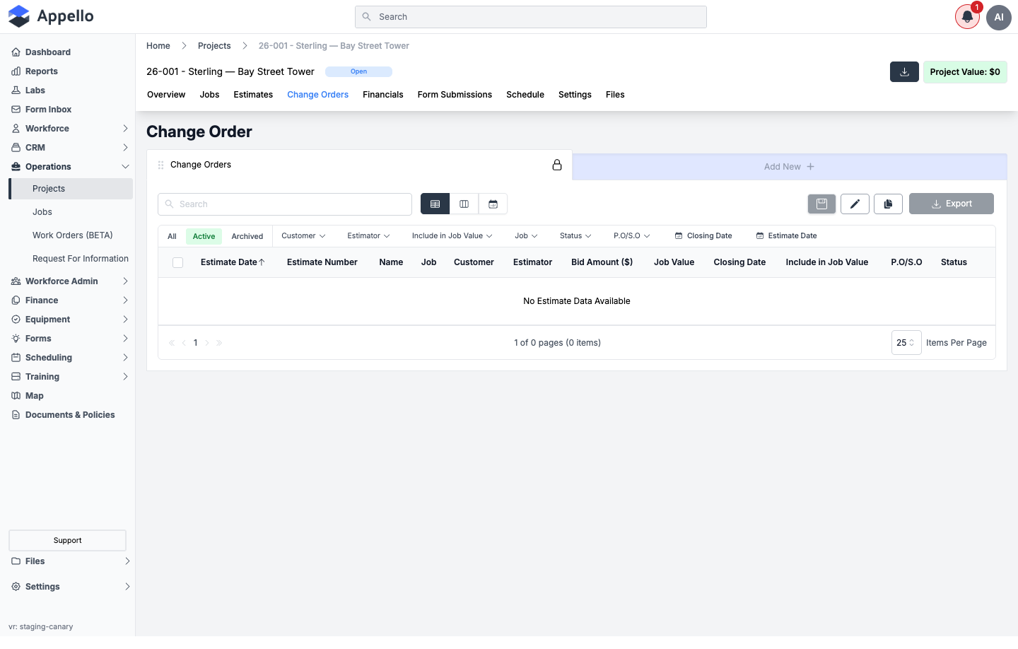 Project Change Orders tab, shown empty on the demo instance