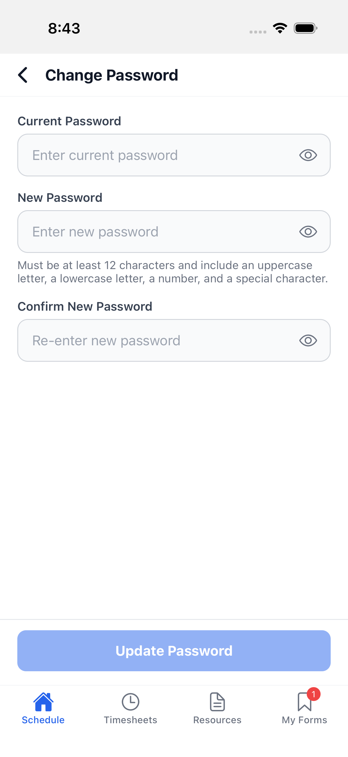 Change Password screen with Current Password, New Password, and Confirm New Password fields