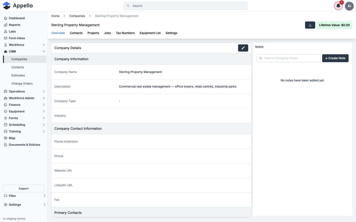 A company detail page's tab bar -- Overview, Projects, Jobs, Tax Numbers, Equipment List -- with no Files tab