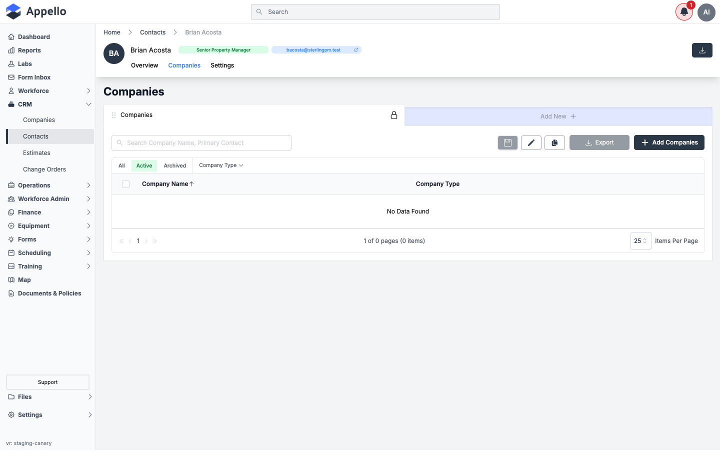 Companies tab on a contact record, with an Add Companies button, Company Name and Company Type columns, and Active/Archived/Company Type filters