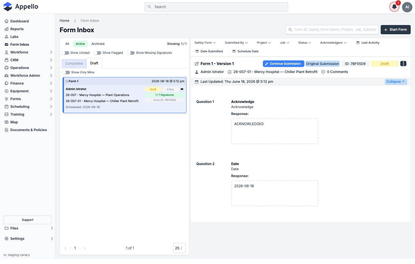 An opened Draft submission showing its status badge, Form ID, job/project labels, and answered questions