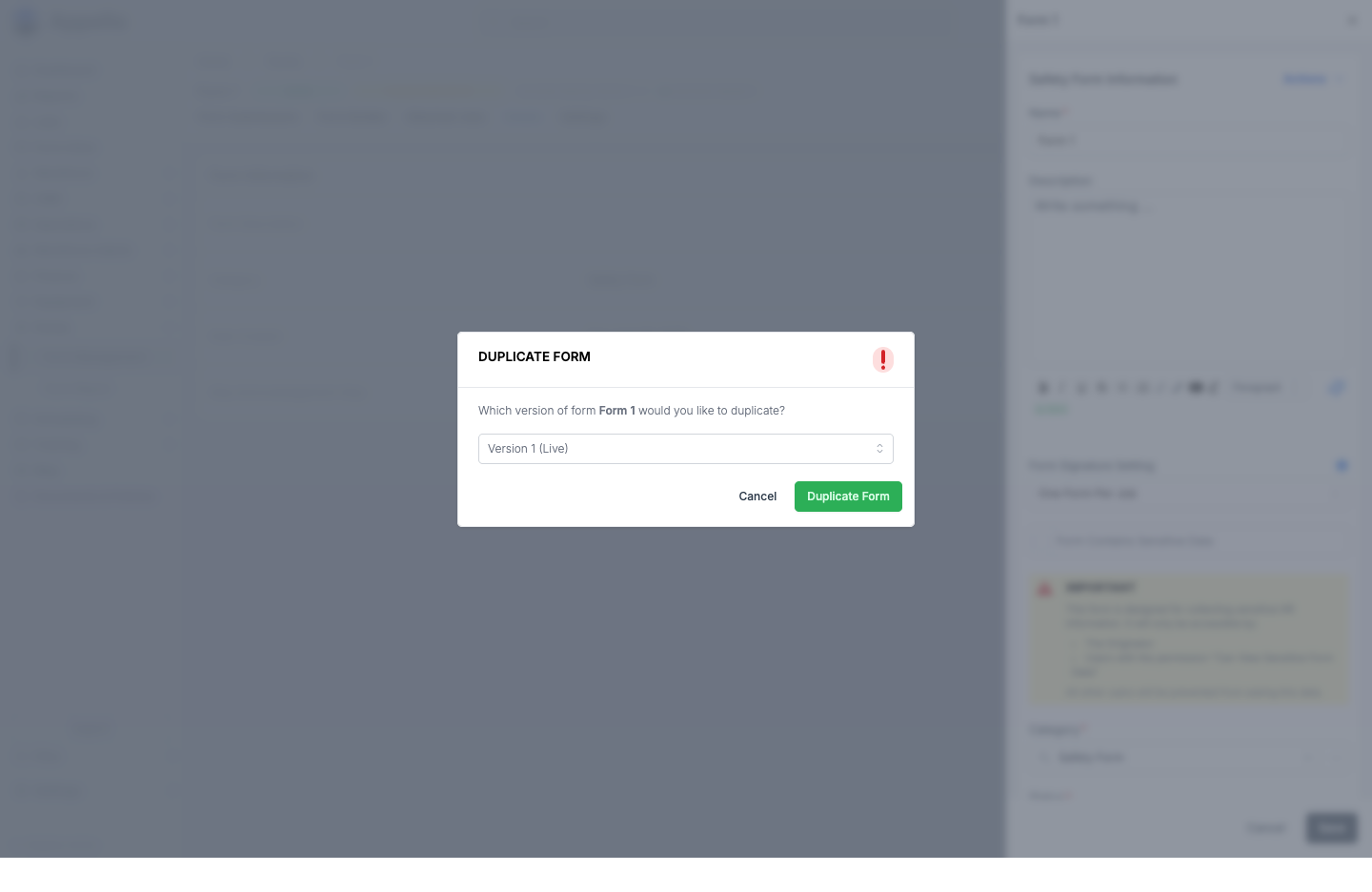 Duplicate Form dialog, asking which version of the form to duplicate