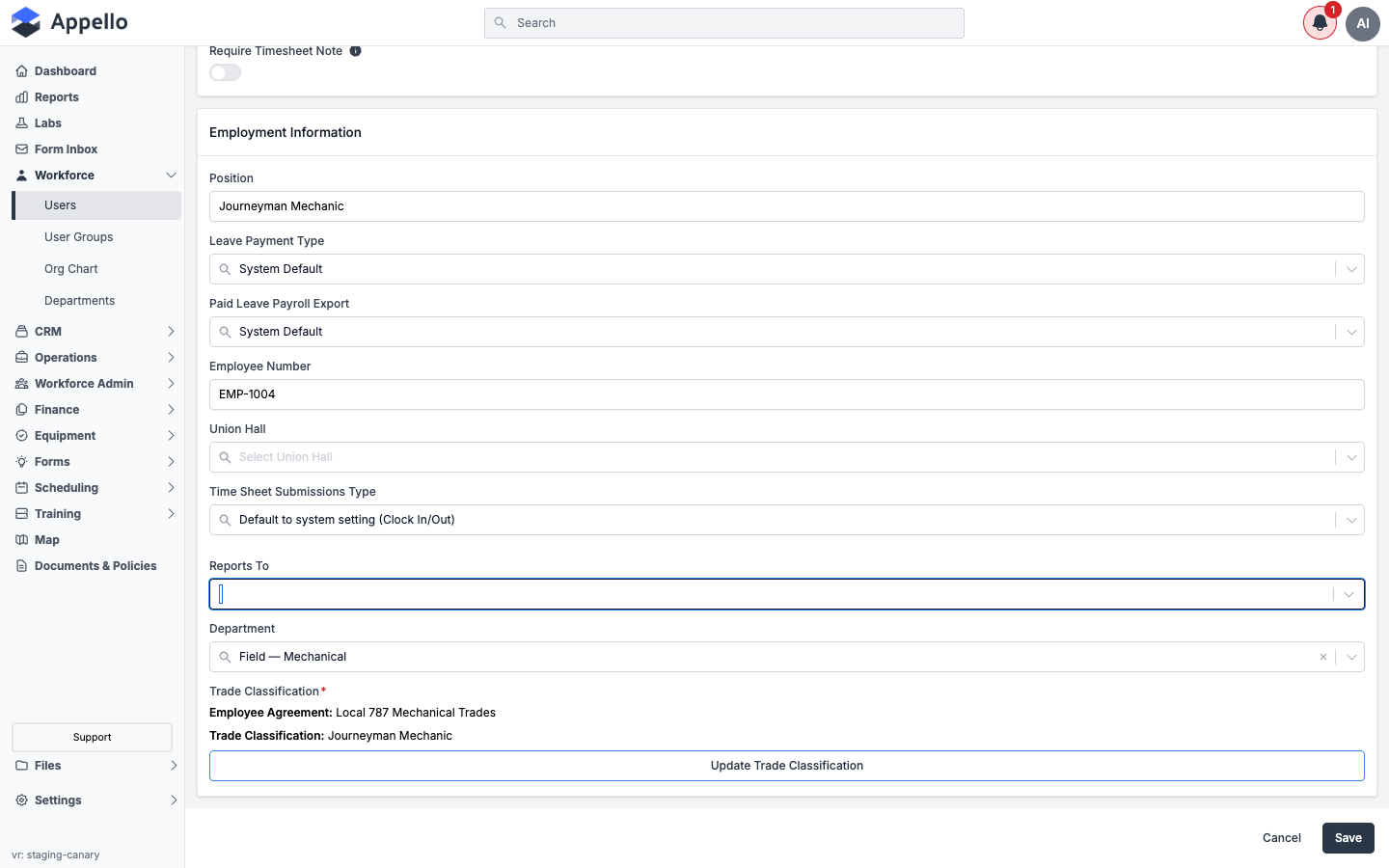 Edit User page, Employment Information section with Union Hall and the Update Trade Classification button