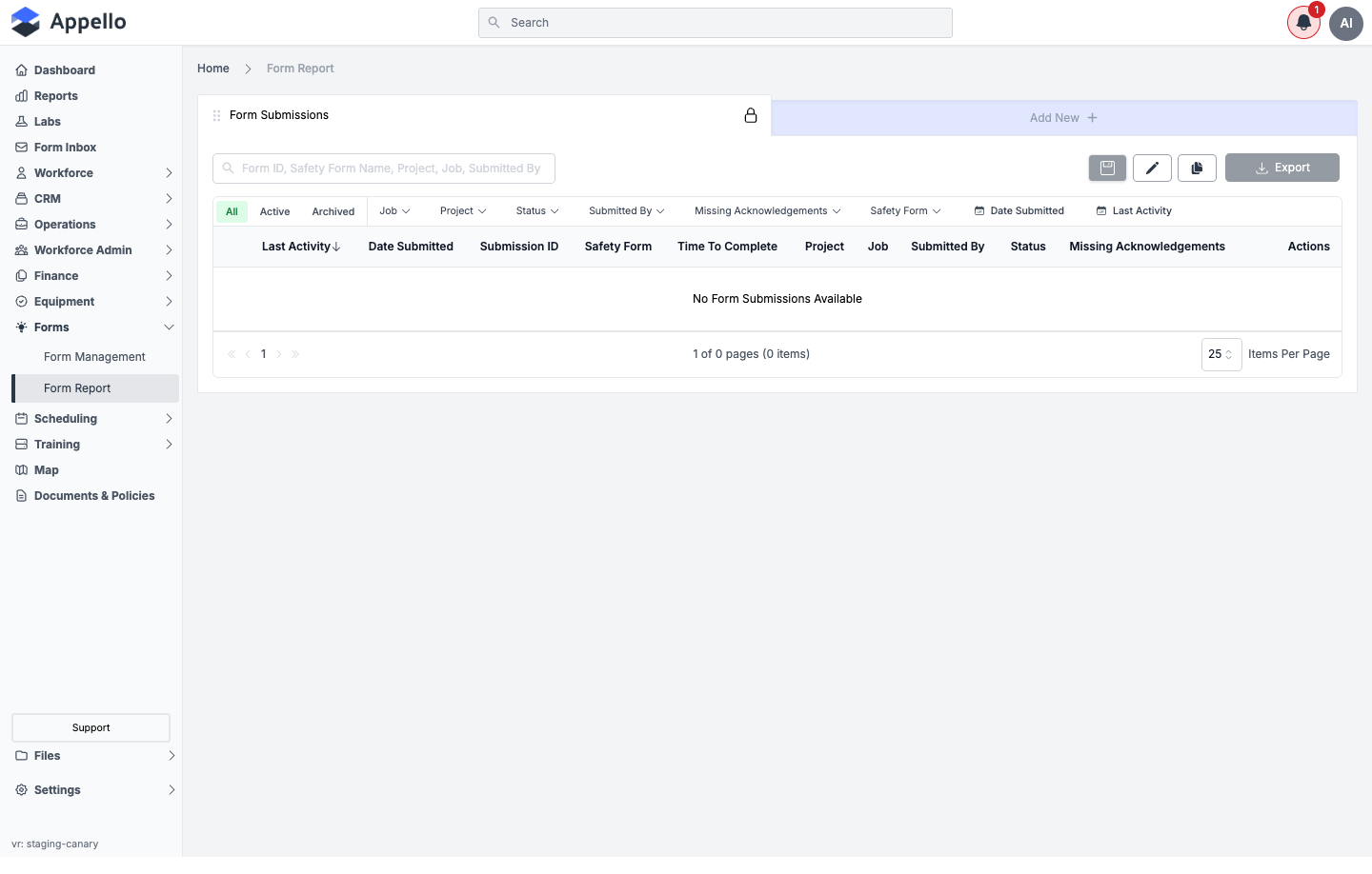 The Export button in the table toolbar, next to the search box