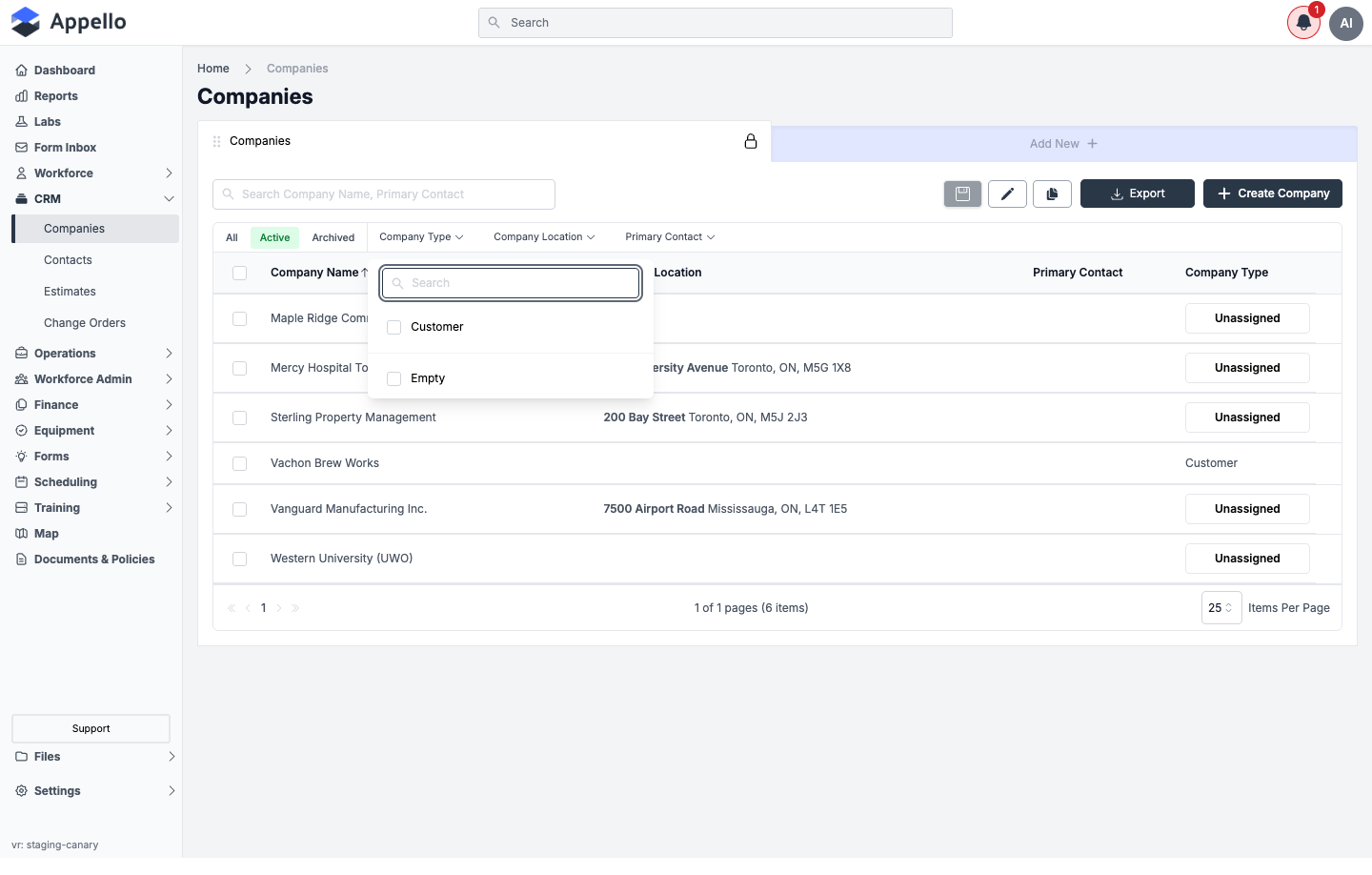 Company Type filter chip open, showing Customer and Empty as the checkbox options on the demo instance