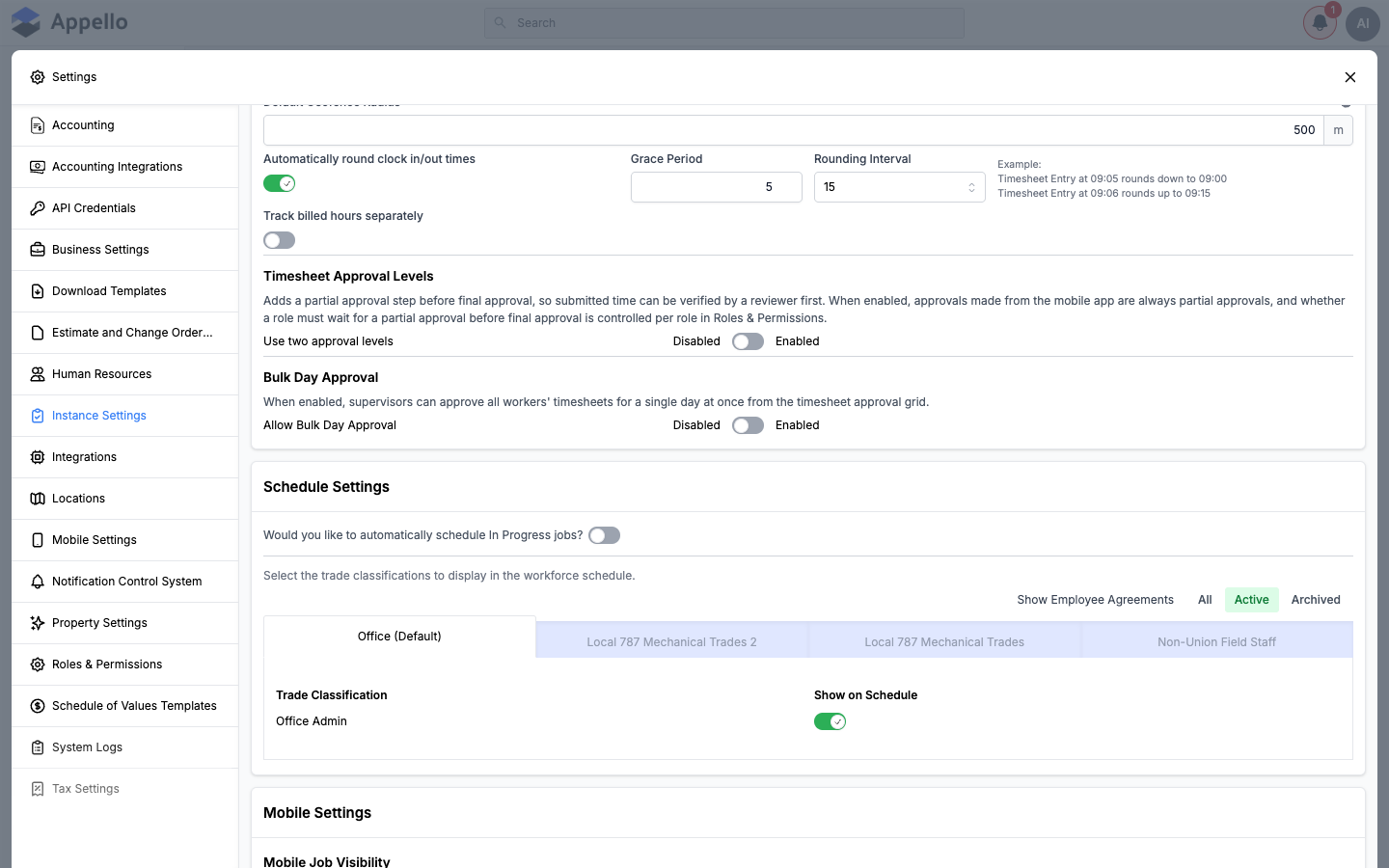 Schedule Settings section on the Instance Settings page, showing the auto-schedule toggle