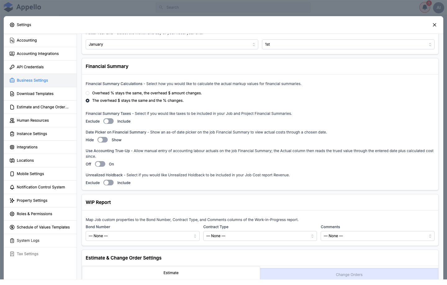 Unrealized Holdback toggle in Business Settings, set to Exclude