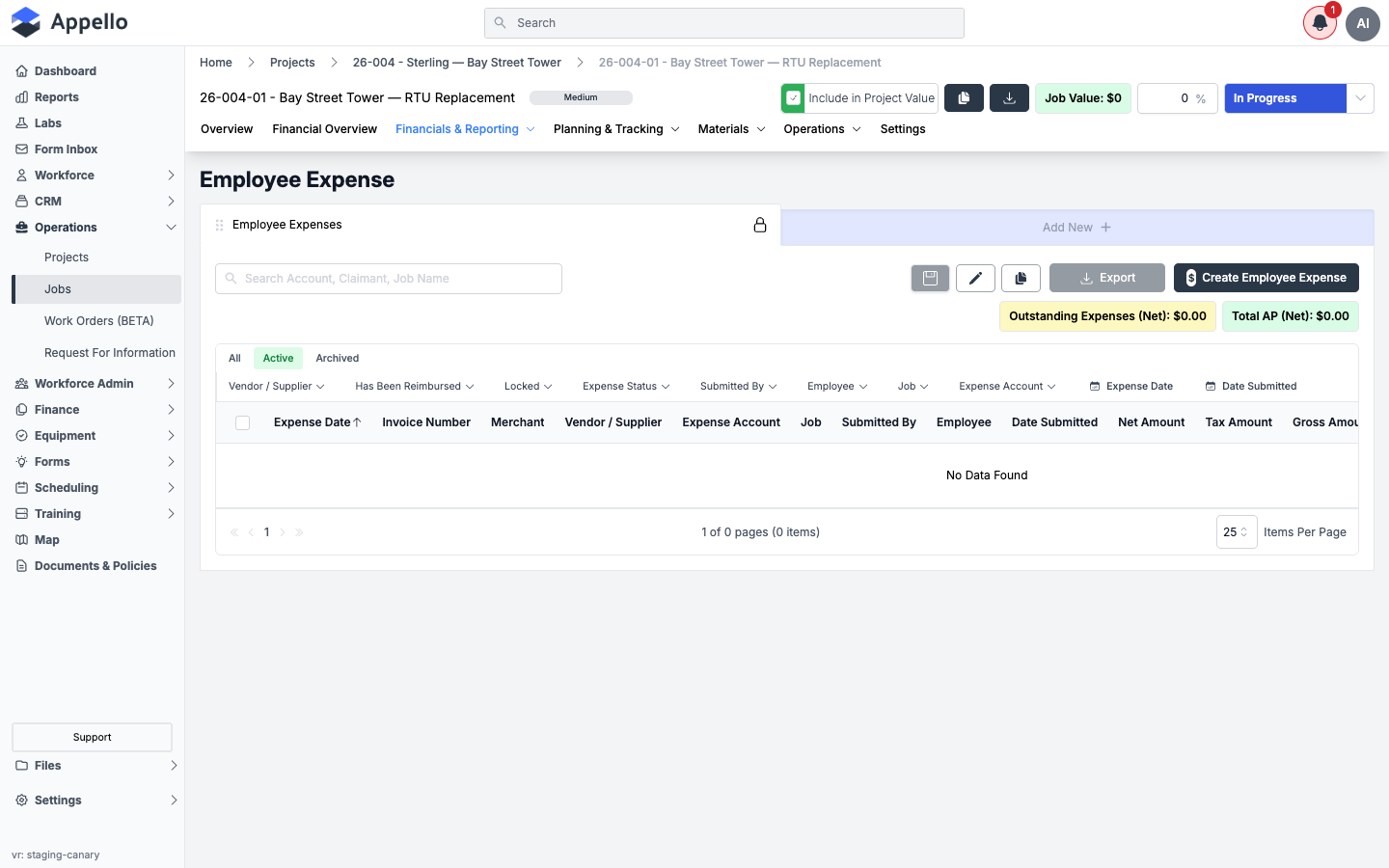 Job-scoped Employee Expense list, filtered to one job, showing the Vendor / Supplier, Has Been Reimbursed, and Locked filter columns