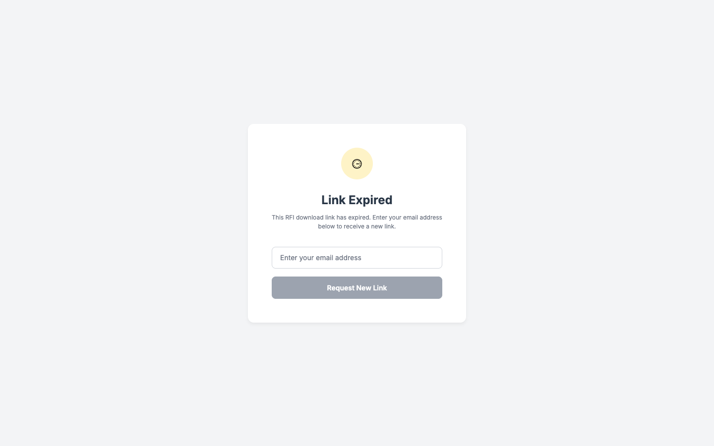The "Link Expired" page: a heading, an explanatory line, an email field, and a "Request New Link" button