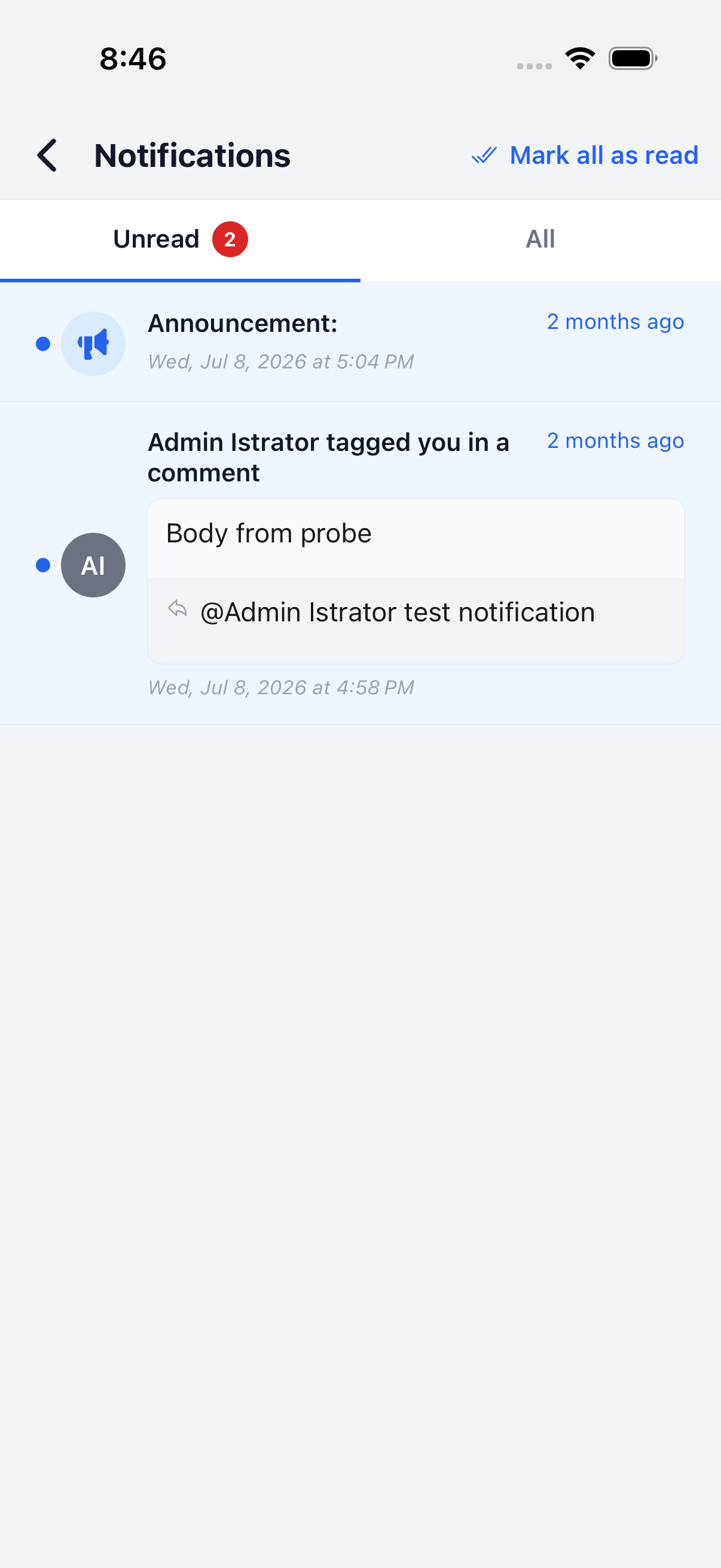 Notifications feed opened from the bell icon, showing the Unread tab with an announcement and a note-tagged notification