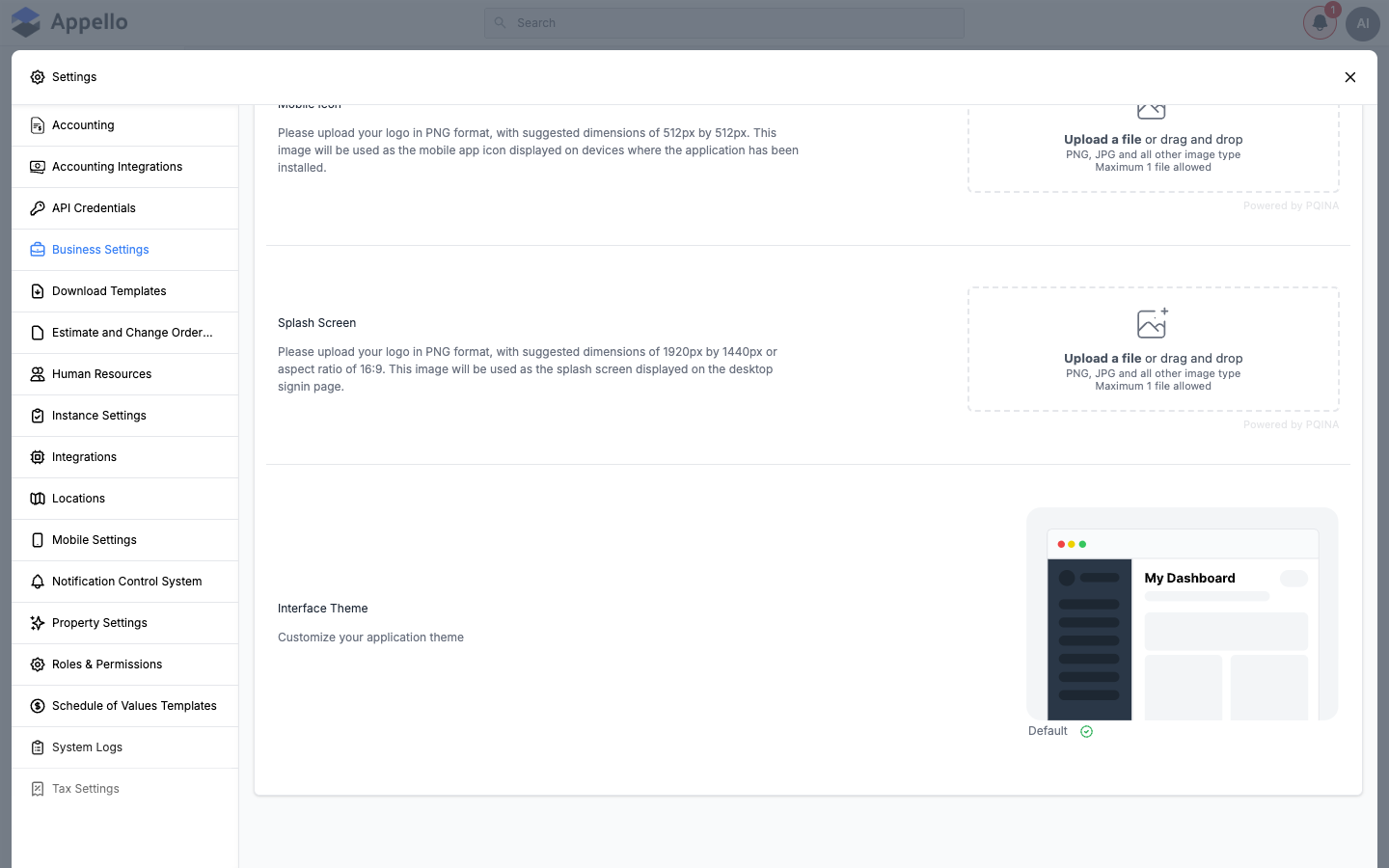 Profile Appearance section — Splash Screen upload card and Interface Theme picker