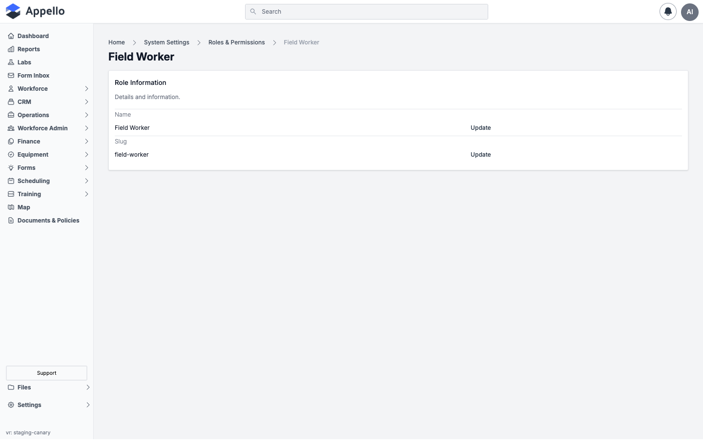 Role detail page showing the Name and Slug fields with Update links