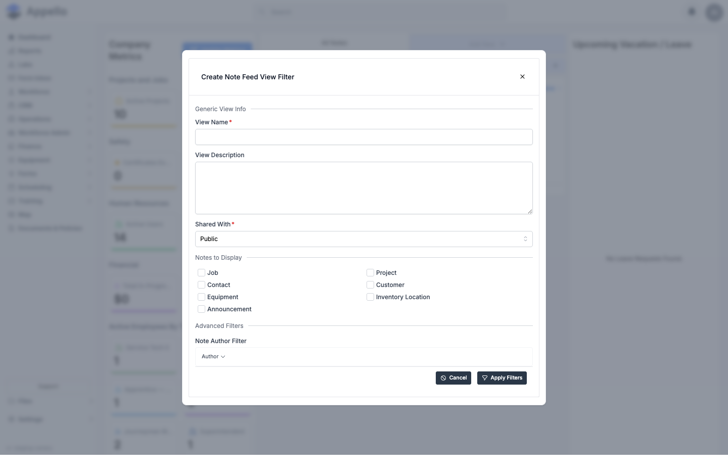 The Create Note Feed View Filter dialog, with Shared With, Notes to Display checkboxes, and an Author filter