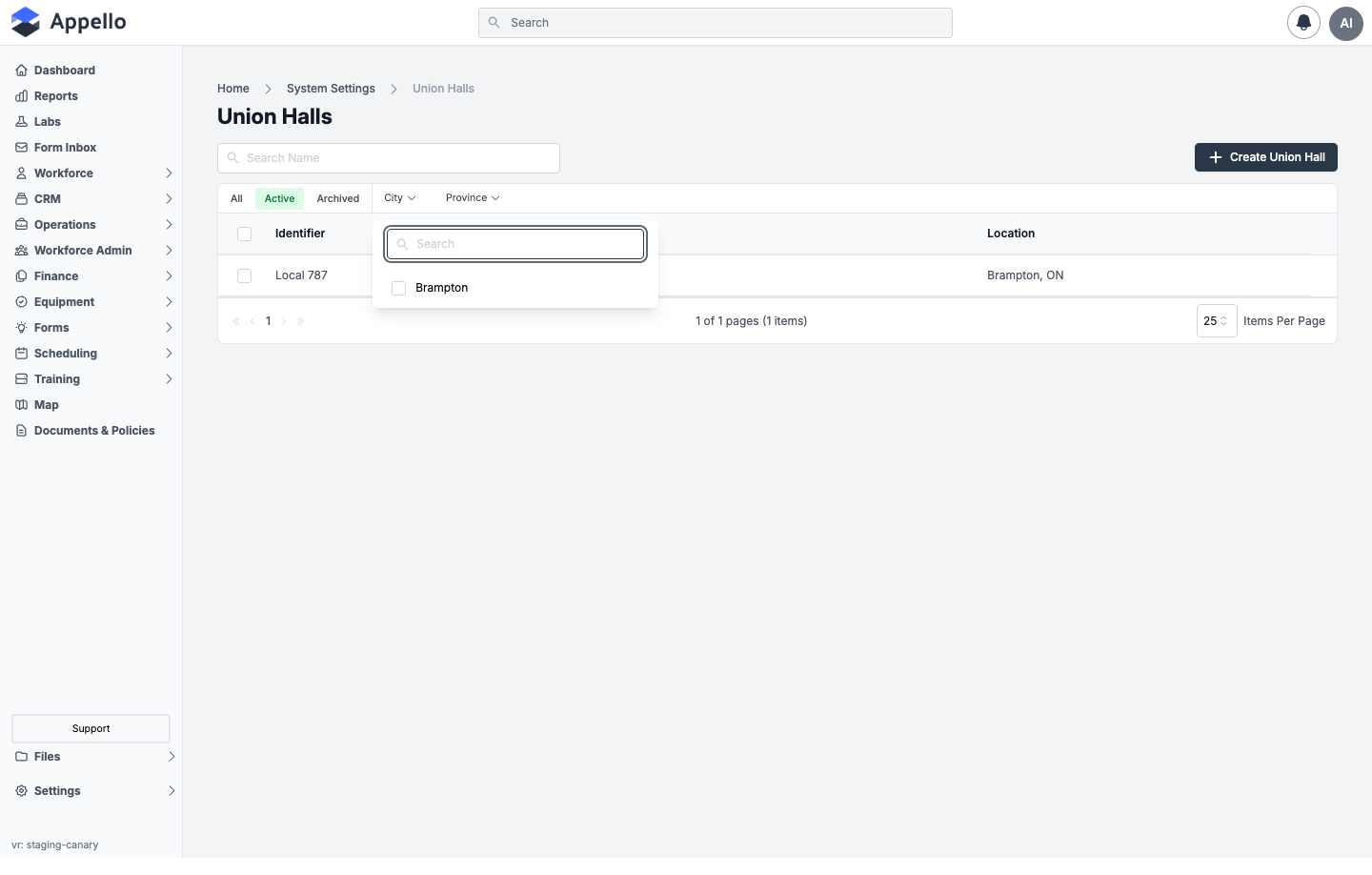 City filter dropdown open above the Union Halls list, showing a searchable checklist of cities