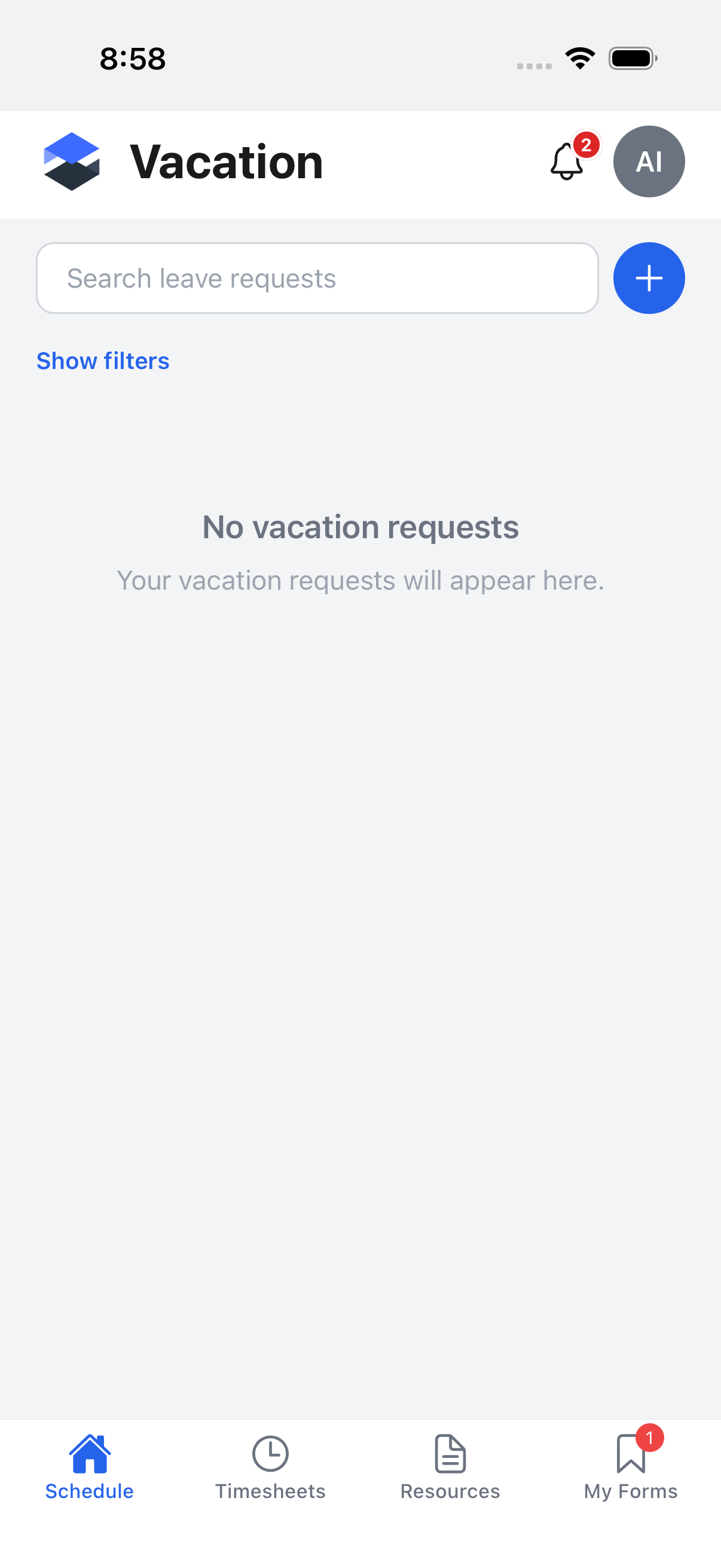 Vacation list on mobile with a search field, Show filters link, and a + button to add a new leave request