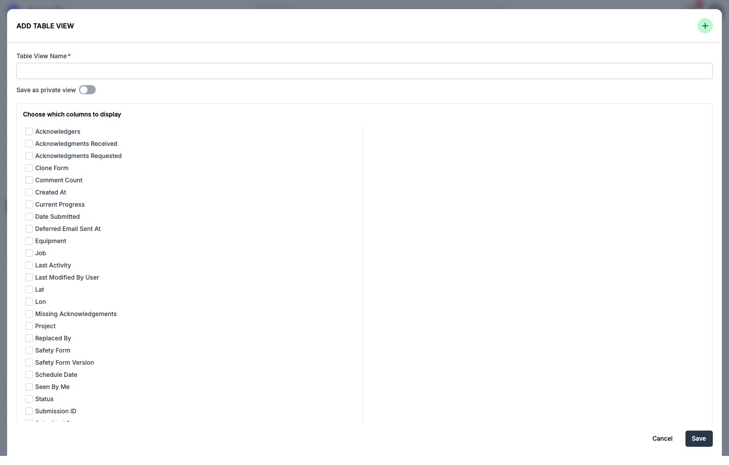 The Add Table View panel, with a Table View Name field, a Save as private view toggle, and a scrollable checklist of columns to display