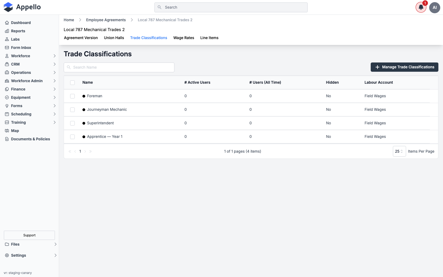 Trade Classifications tab listing Foreman, Journeyman Mechanic, Superintendent, and Apprentice — Year 1