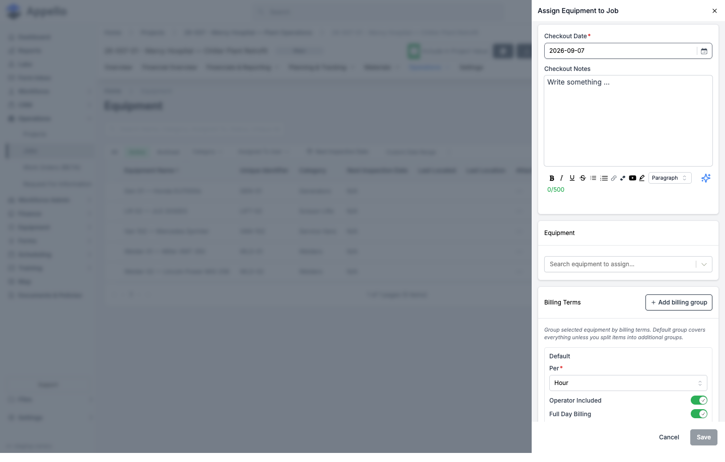 Assign Equipment to Job panel with Checkout Date, Checkout Notes, an Equipment search field, and a Default billing group