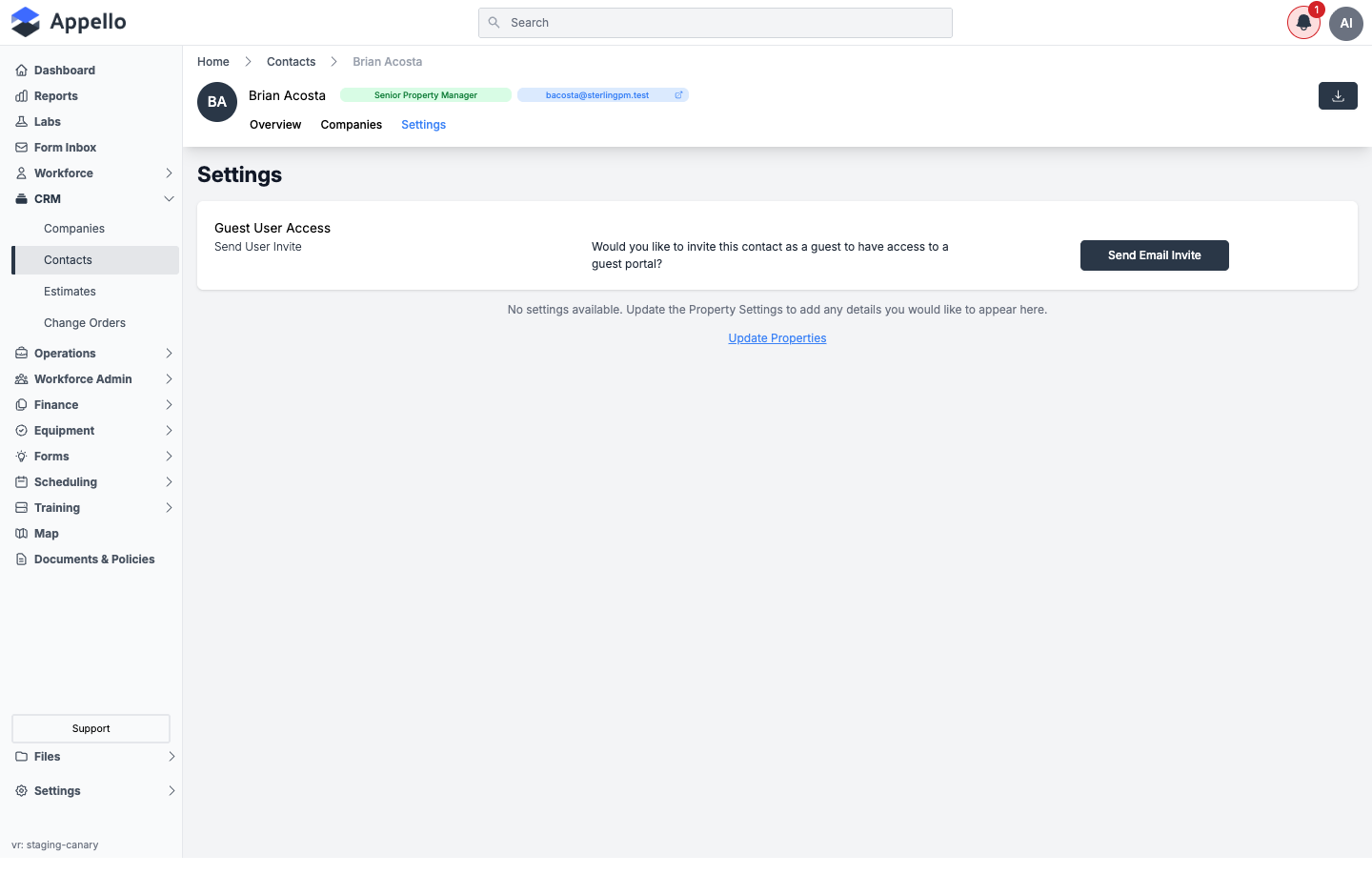 Settings tab on a contact record, showing the Guest User Access card with a Send Email Invite button, and a note that custom property settings can be added via Update Properties
