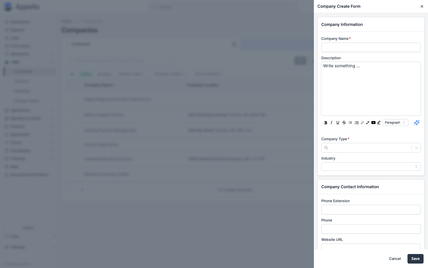 Top of the Company Create Form — Company Information and the start of Company Contact Information