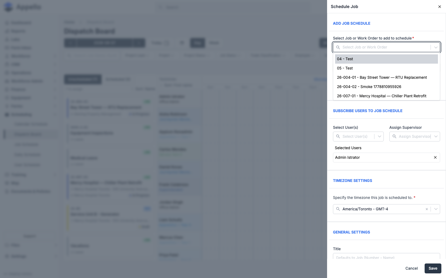 Job or Work Order picker open in the Schedule Job panel, listing matching jobs and work orders