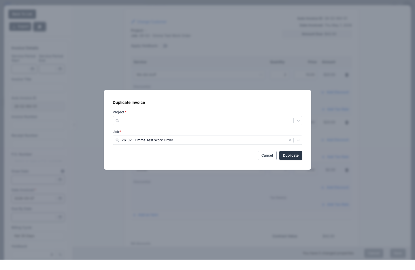 Duplicate Invoice modal with Project and Job pickers