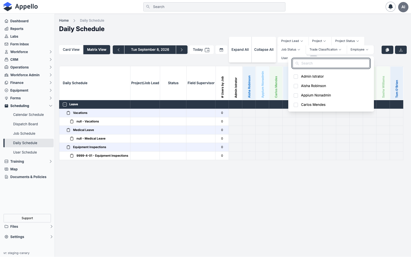Employee filter dropdown open, showing a searchable checklist of workers