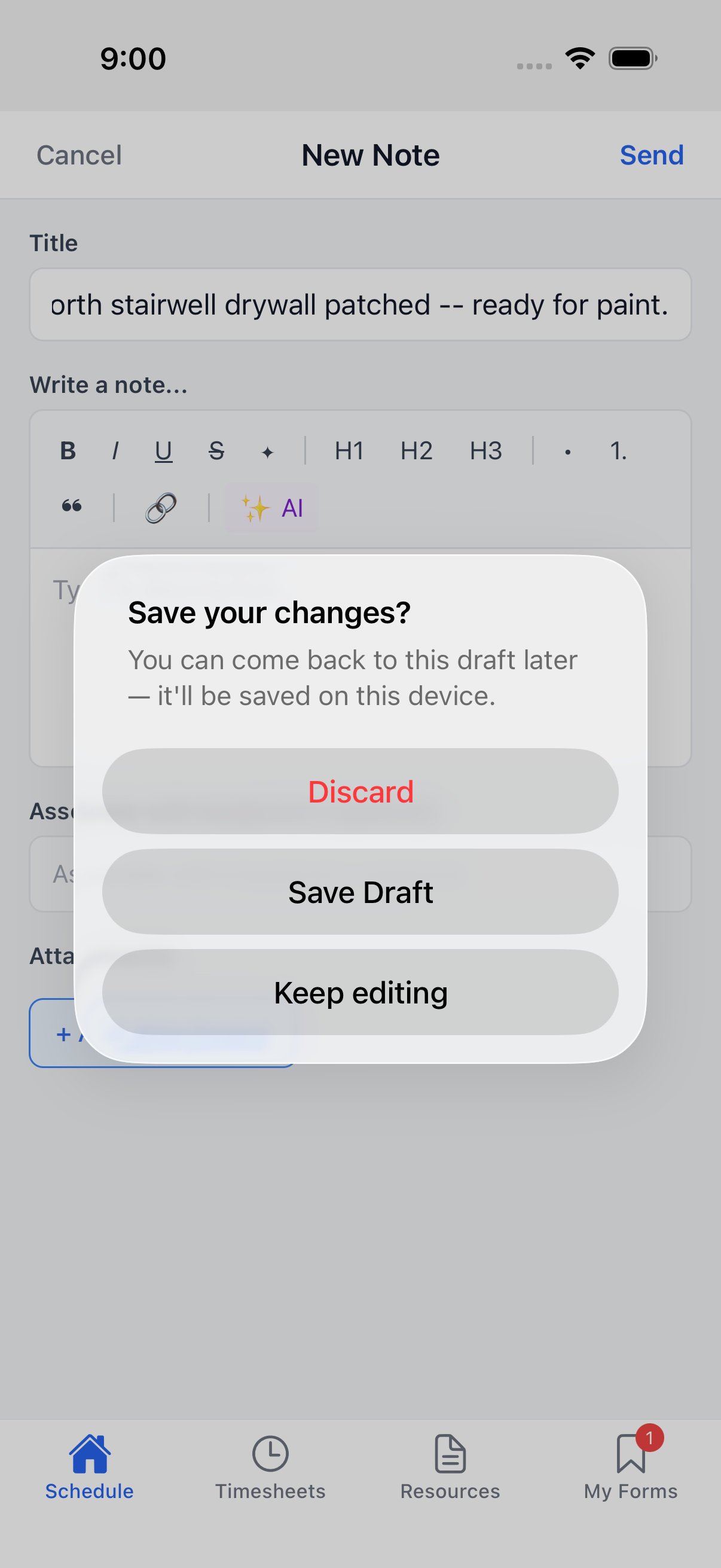 The "Save your changes?" dialog with Discard, Save Draft, and Keep editing buttons