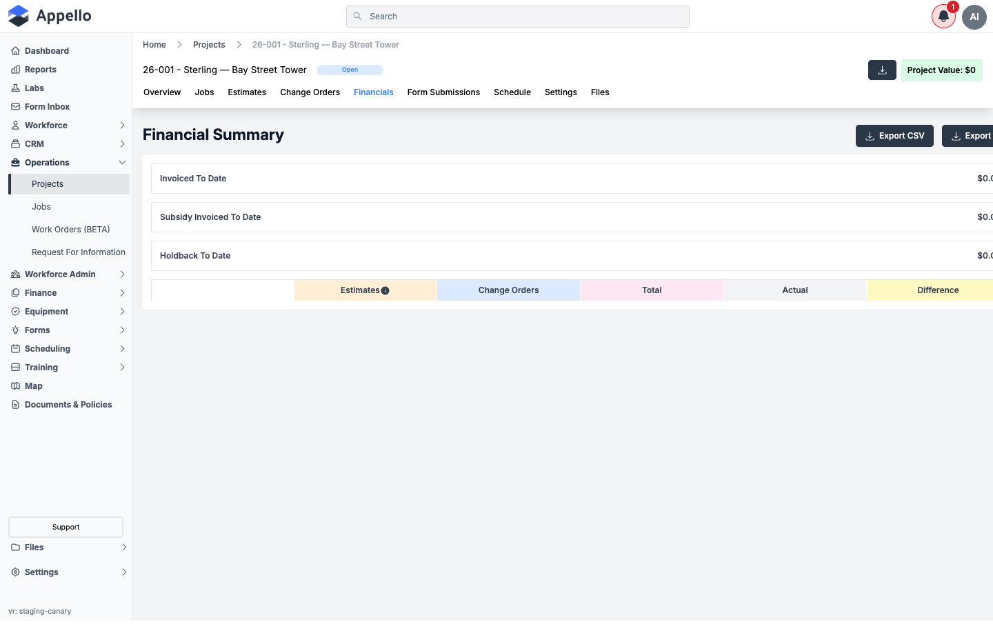 Project Financials tab, showing Invoiced To Date, Subsidy Invoiced To Date, Holdback To Date, and the Estimates / Change Orders / Total / Actual / Difference breakdown