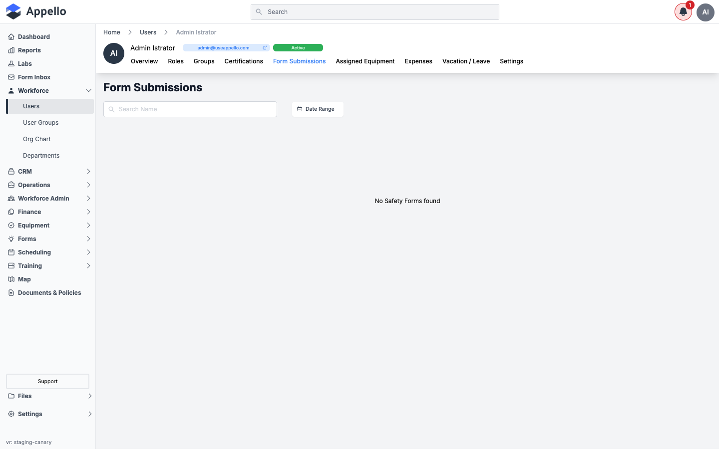 Form Submissions tab shown empty on the demo instance -- "No Safety Forms found"
