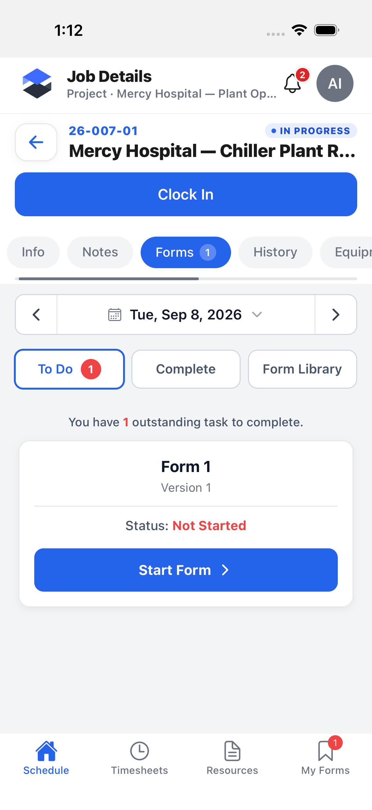 A job's Forms tab, defaulted to the To Do sub-tab, listing that job's outstanding forms