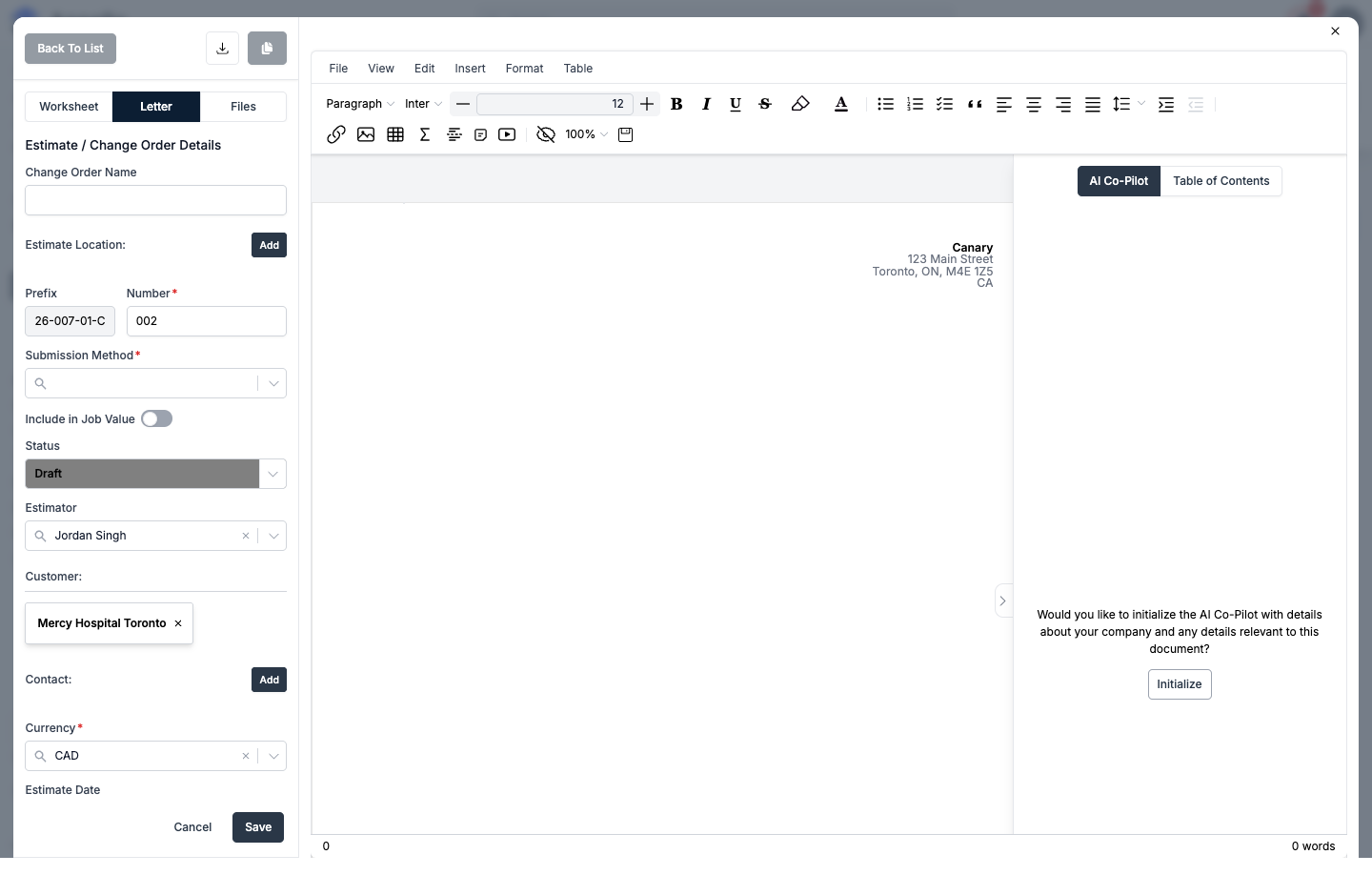 The Letter tab, a rich-text editor for the client-facing change order document
