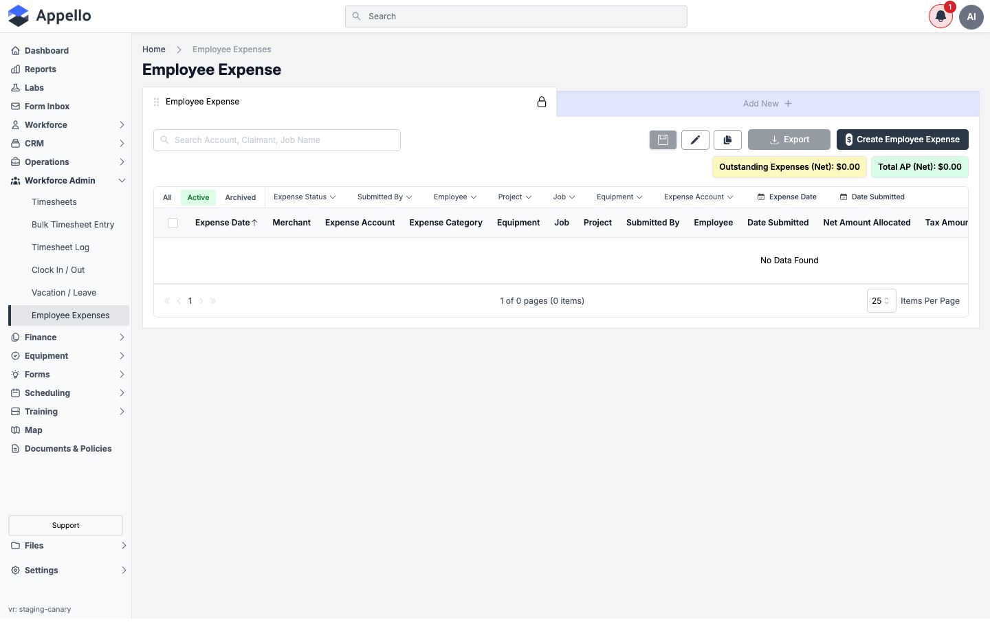Employee Expenses list with the full column set visible — Expense Date, Merchant, Expense Account, Expense Category, Equipment, Job, Project, Submitted By, Employee, Date Submitted, Net/Tax Amount Allocated
